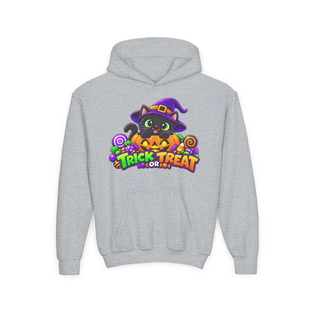 Kidxtr™ Kids Halloween Hoodie — 'Trick or Treat' Black Cat in Pumpkin Graphic Hoodie