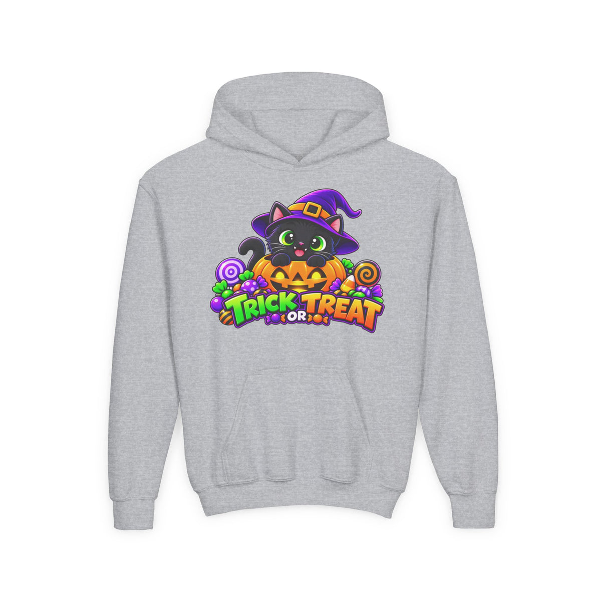 Kidxtr™ Kids Halloween Hoodie — 'Trick or Treat' Black Cat in Pumpkin Graphic Hoodie