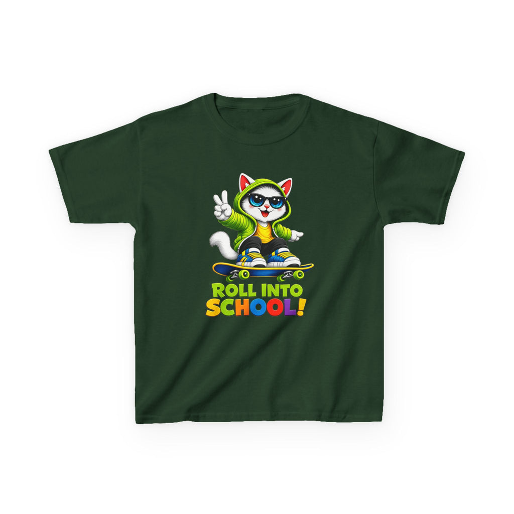 Kids Skateboard Cat T-Shirt — 'Roll Into School' Back-to-School Graphic Tee