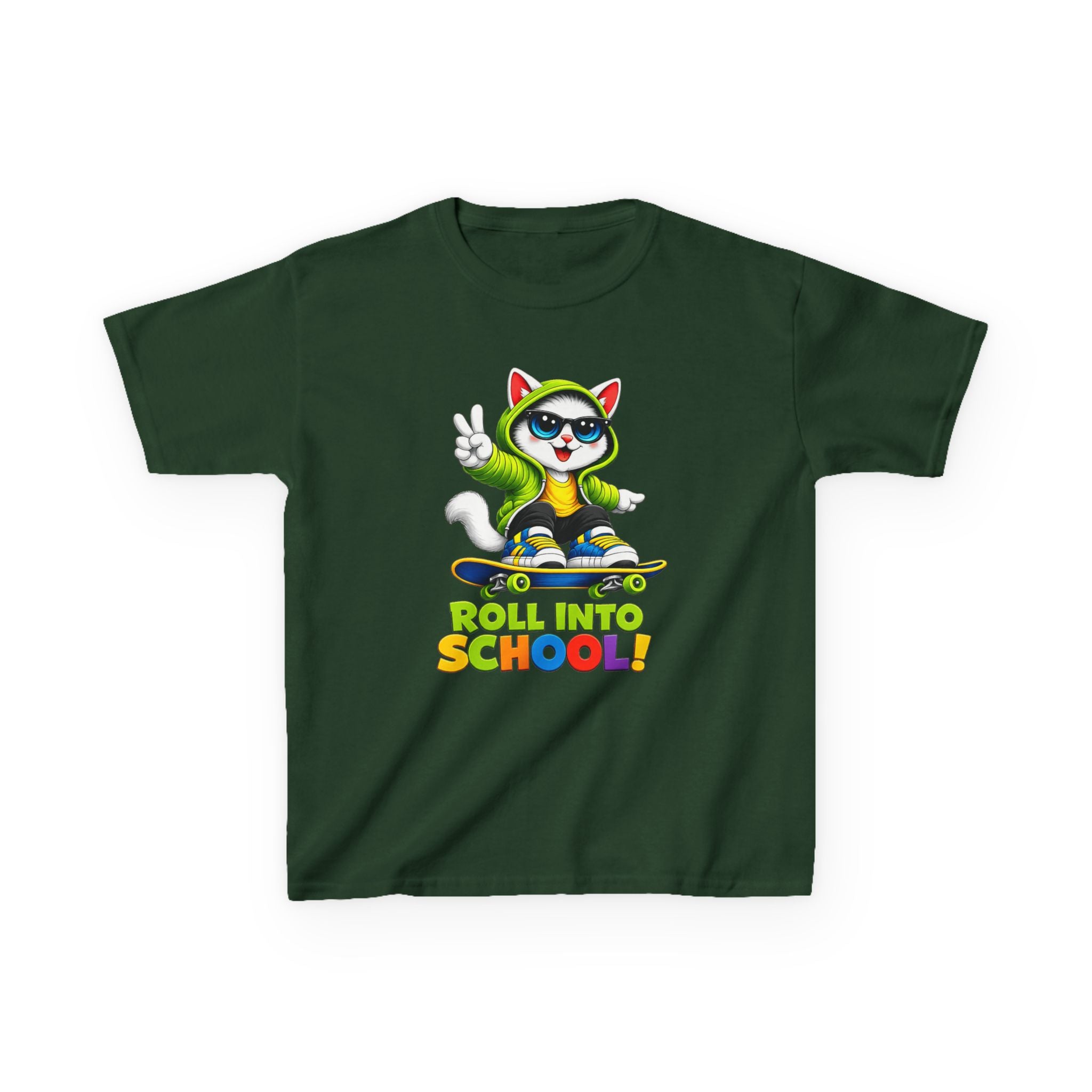 Kids Skateboard Cat T-Shirt — 'Roll Into School' Back-to-School Graphic Tee