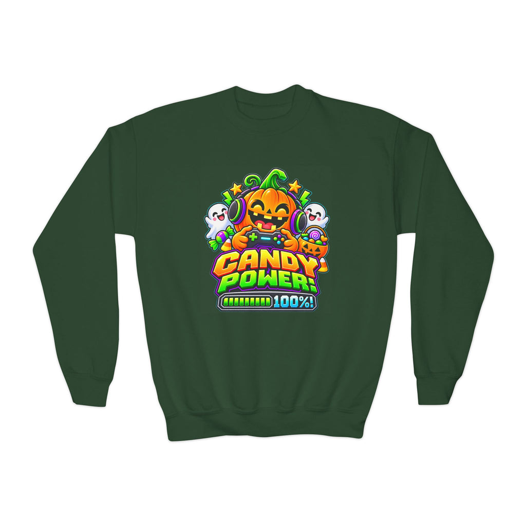 Kidxtr™ Kids Pumpkin Sweatshirt — 'Candy Power 100%' Gamer Halloween Graphic Crewneck