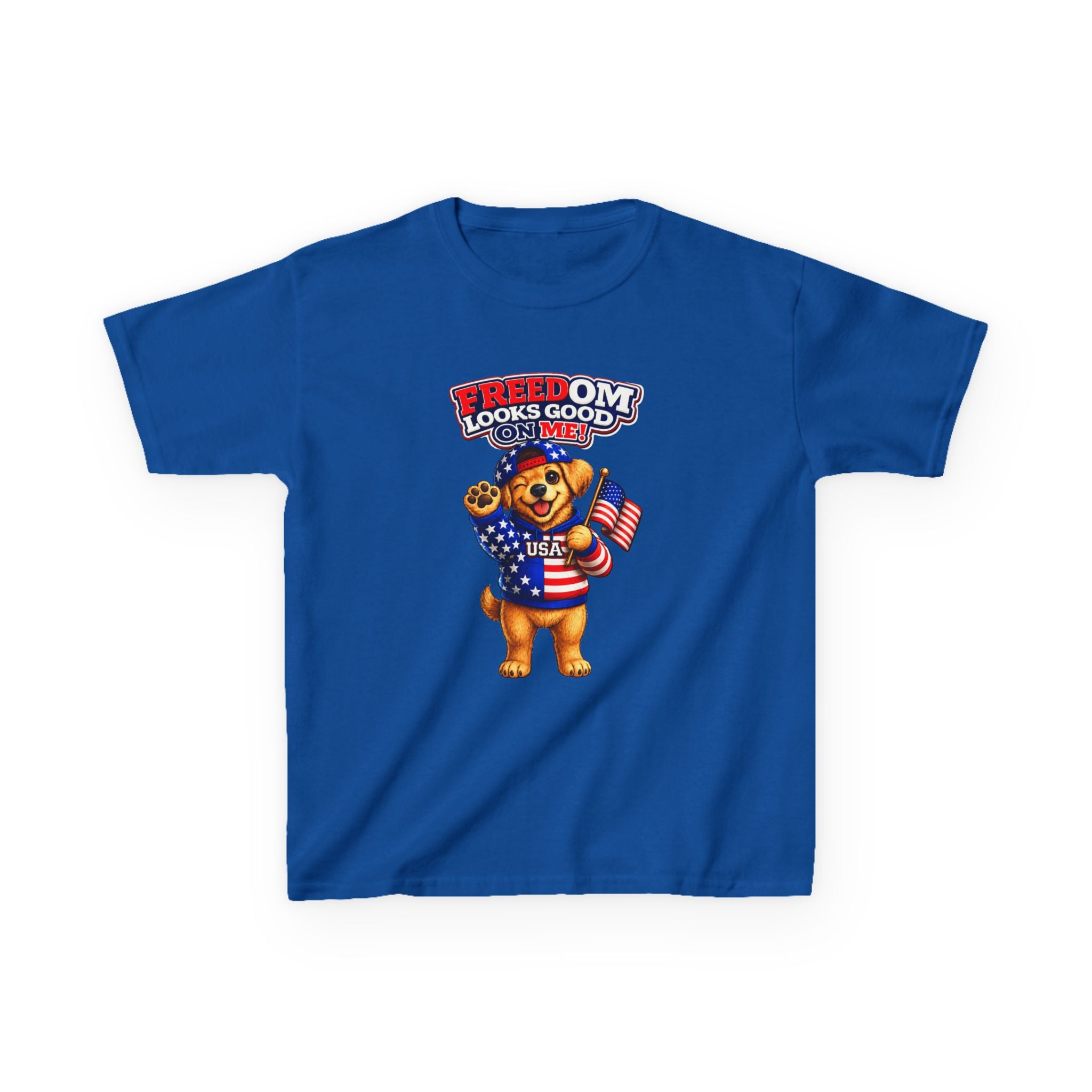 Kids Patriotic T-Shirt — 'Freedom Looks Good on Me' USA Dog Graphic Tee