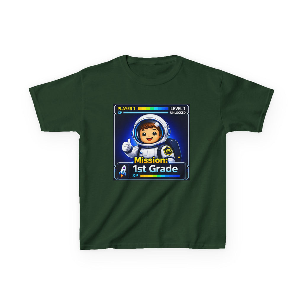 Kids Gaming T-Shirt — 'Mission: 1st Grade' Level Up Astronaut Graphic Tee