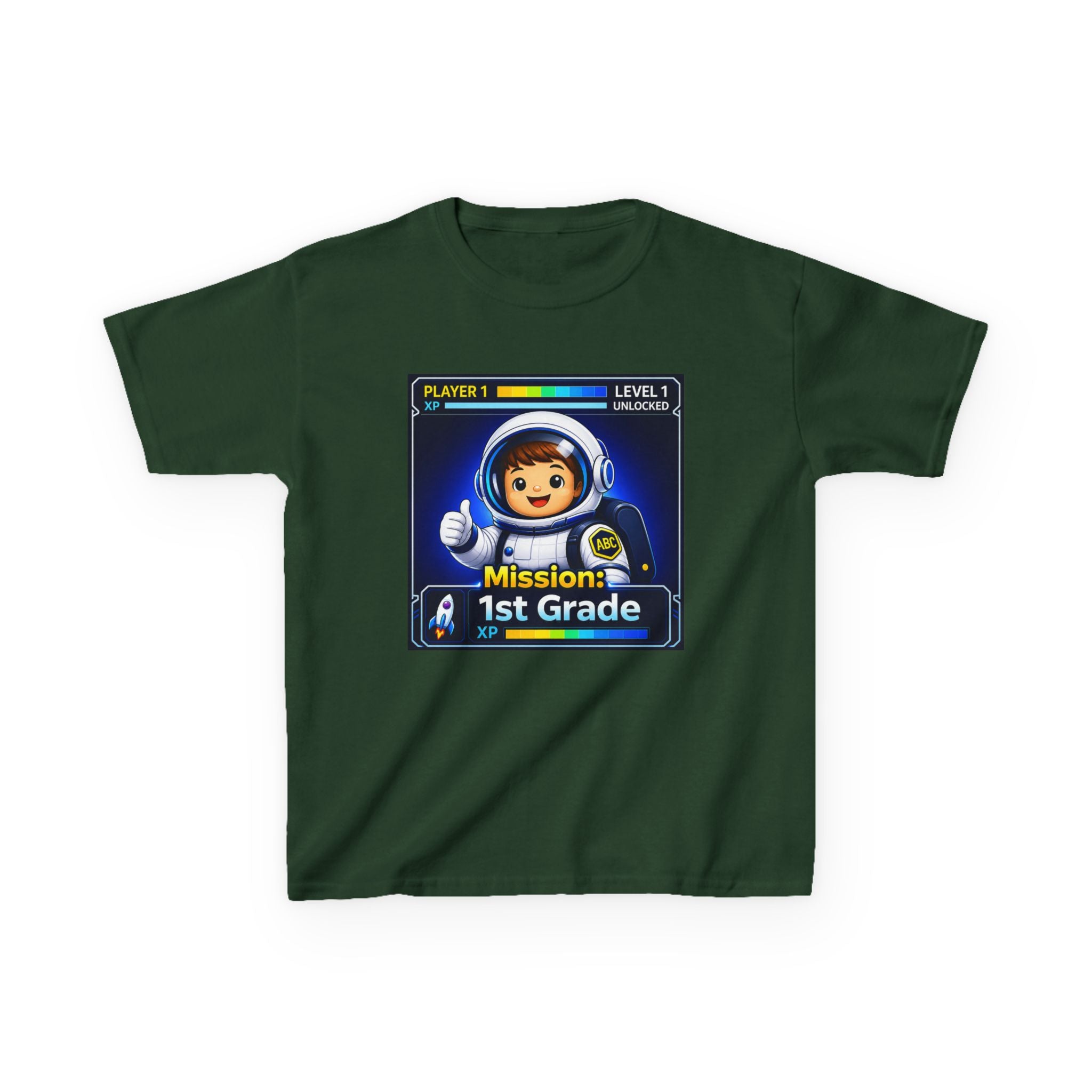 Kids Gaming T-Shirt — 'Mission: 1st Grade' Level Up Astronaut Graphic Tee