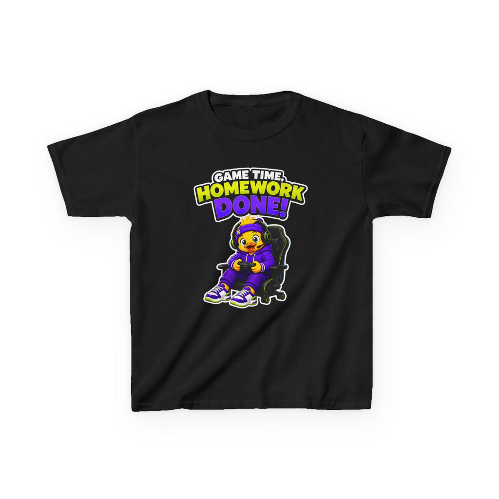 Kids Gamer T-Shirt — 'Game Time, Homework Done!' Gamer Cartoon Graphic Tee