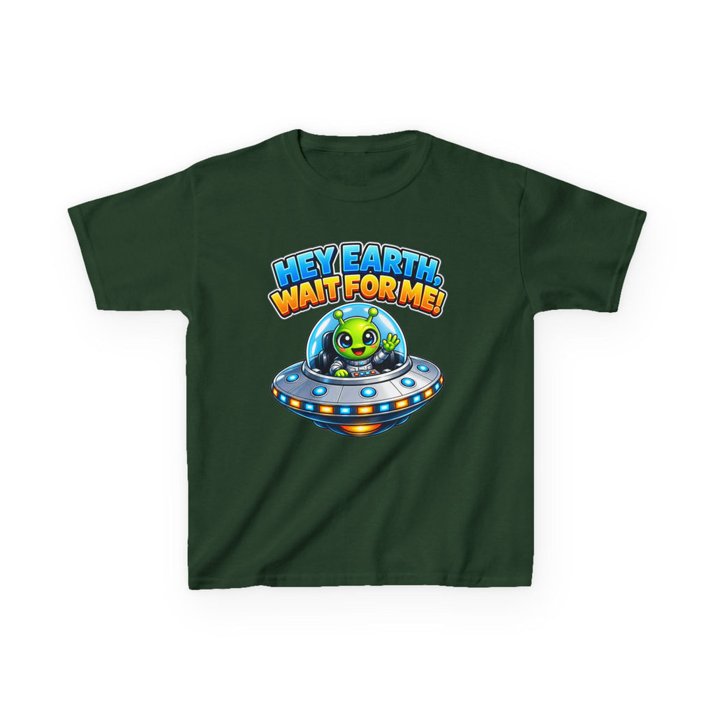 Kidxtr™ Kids Space T-Shirt — 'Hey Earth, Wait For Me!' Alien Spaceship Graphic Tee