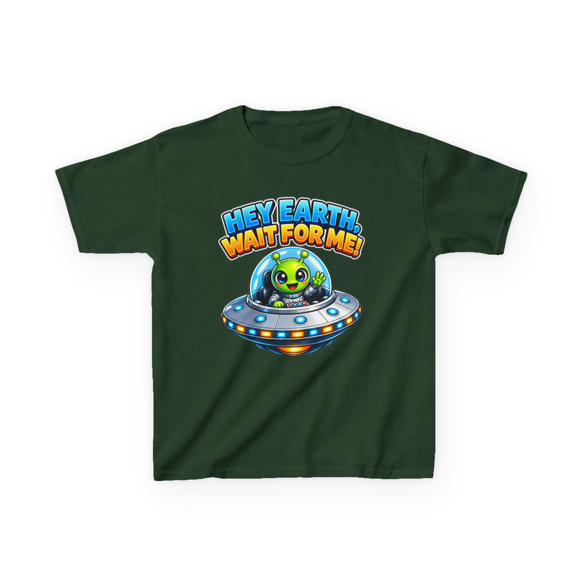 Kidxtr™ Kids Space T-Shirt — 'Hey Earth, Wait For Me!' Alien Spaceship Graphic Tee