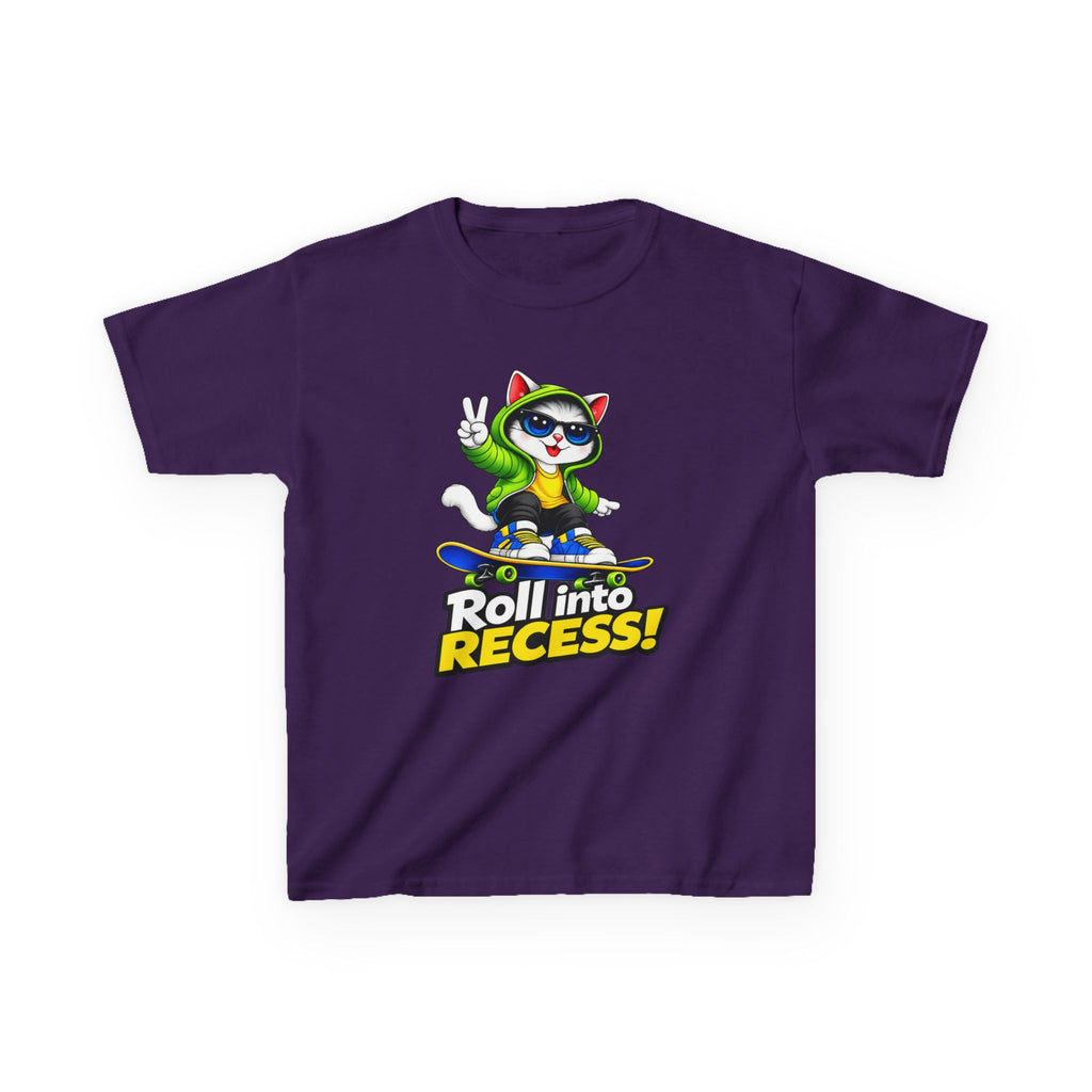 Kids Skateboarding Cat T-Shirt — 'Roll into Recess!' Graphic Tee