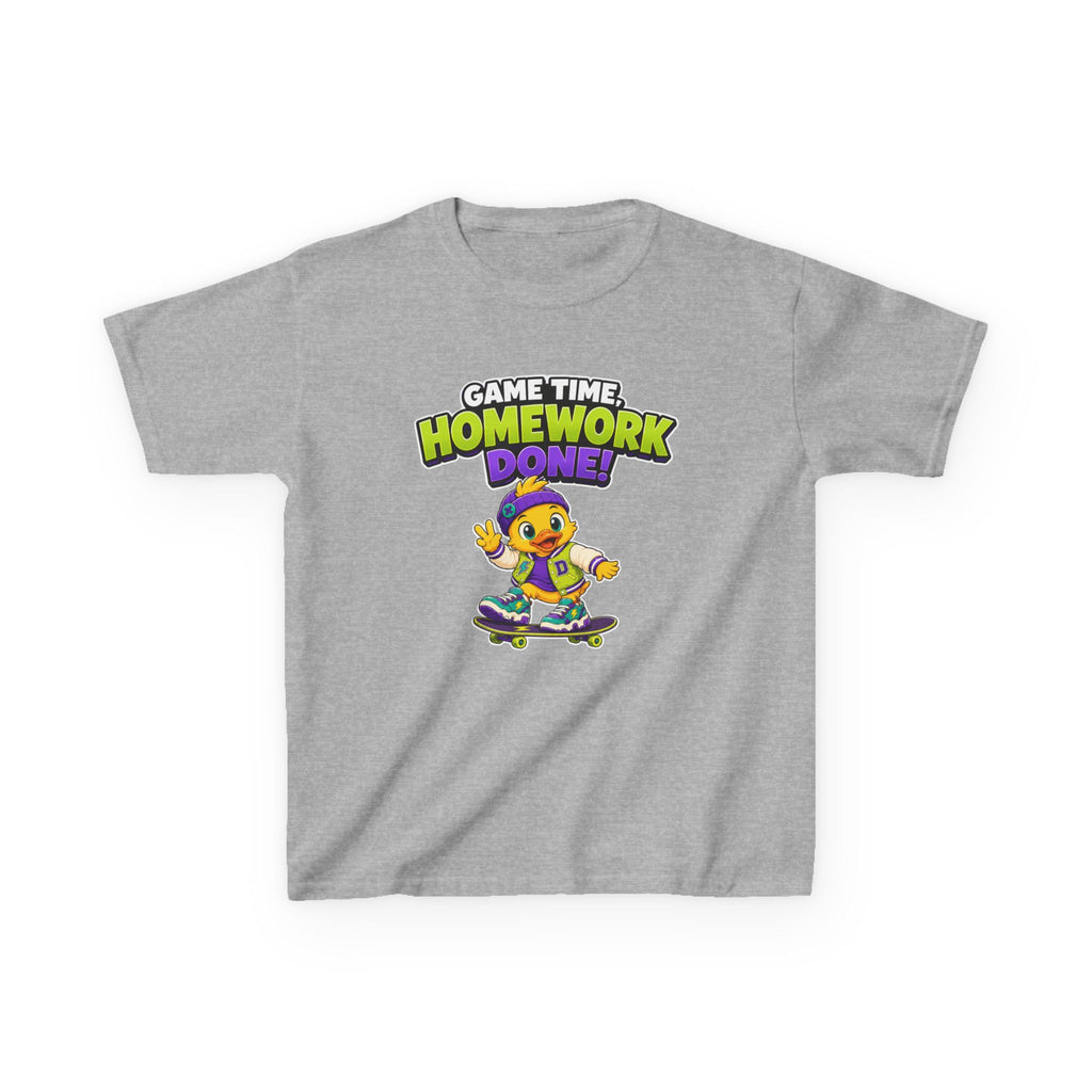 Kids Back-to-School T-Shirt — 'Game Time, Homework Done!' Skateboard Duck Graphic Tee
