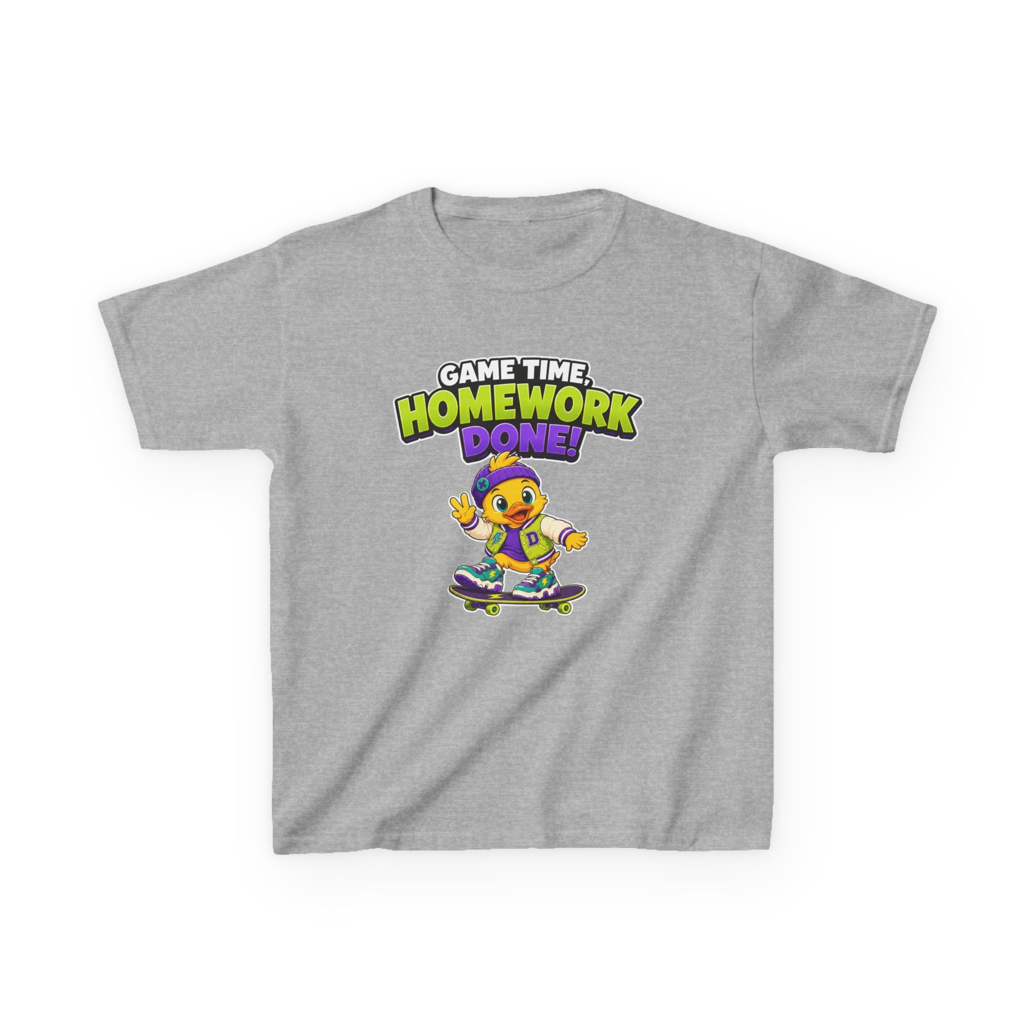 Kids Back-to-School T-Shirt — 'Game Time, Homework Done!' Skateboard Duck Graphic Tee
