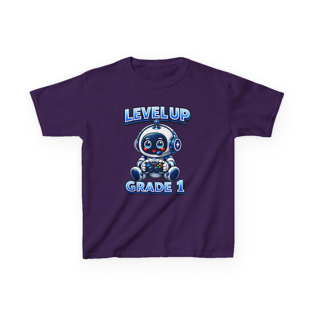 Kids Grade 1 T-Shirt — 'Level Up' Cute Robot Back-to-School Graphic Tee