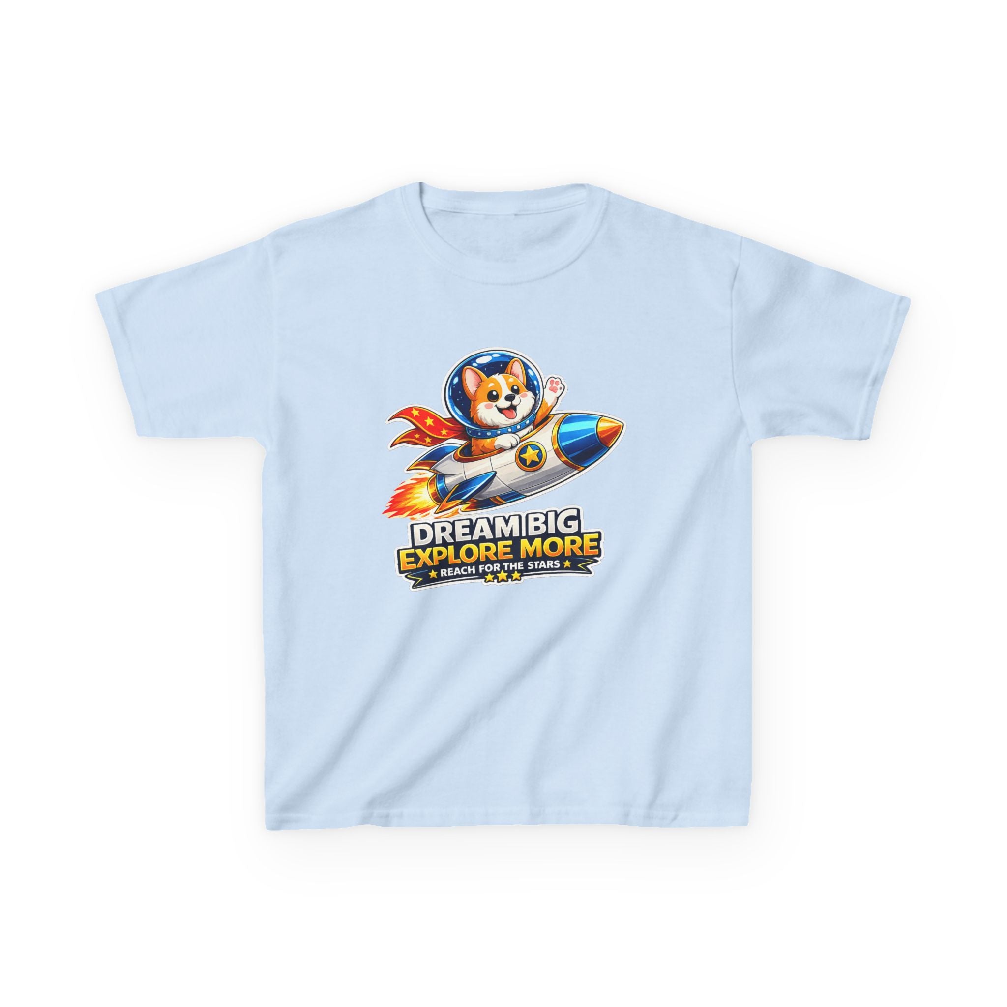 Kids Tee — "Dream Big Explore More" Rocket Dog Space Graphic