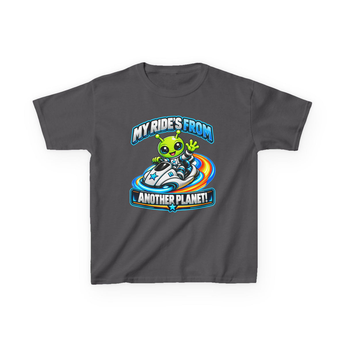 Kidxtr™ Kids Alien T-Shirt — 'My Ride's From Another Planet' Space Rider Graphic Tee