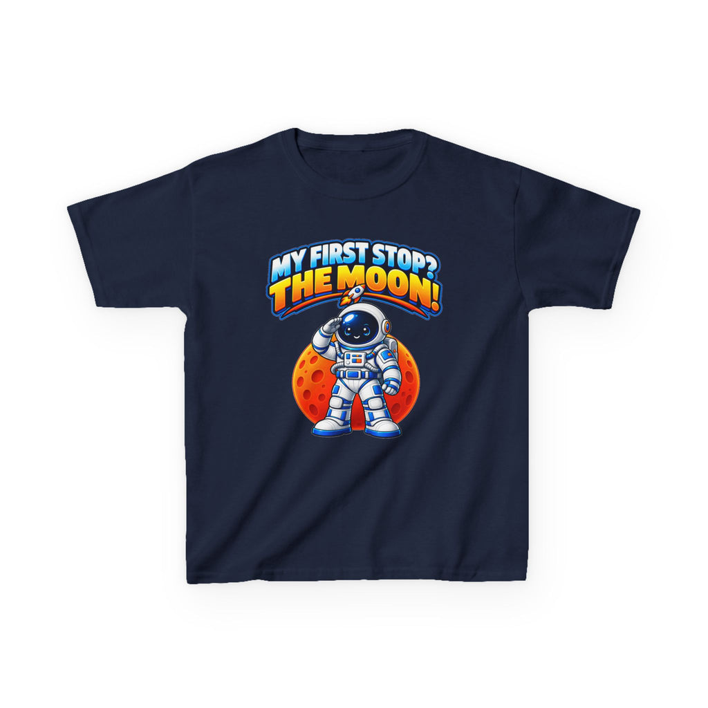 Kidxtr™ Kids Space T-Shirt — 'My First Stop: The Moon' Astronaut Graphic Tee