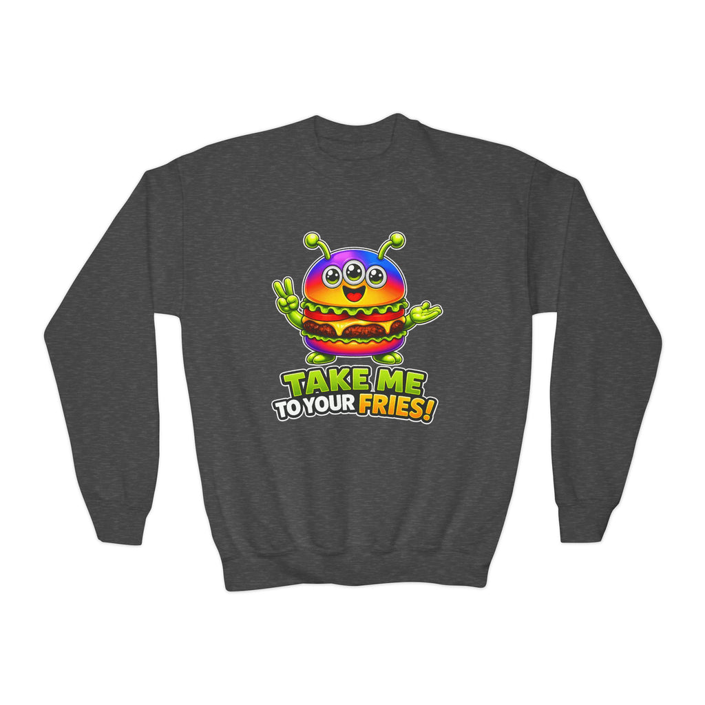 Kidxtr™ Kids Burger Crewneck — 'Take Me to Your Fries' Cartoon Graphic Sweatshirt
