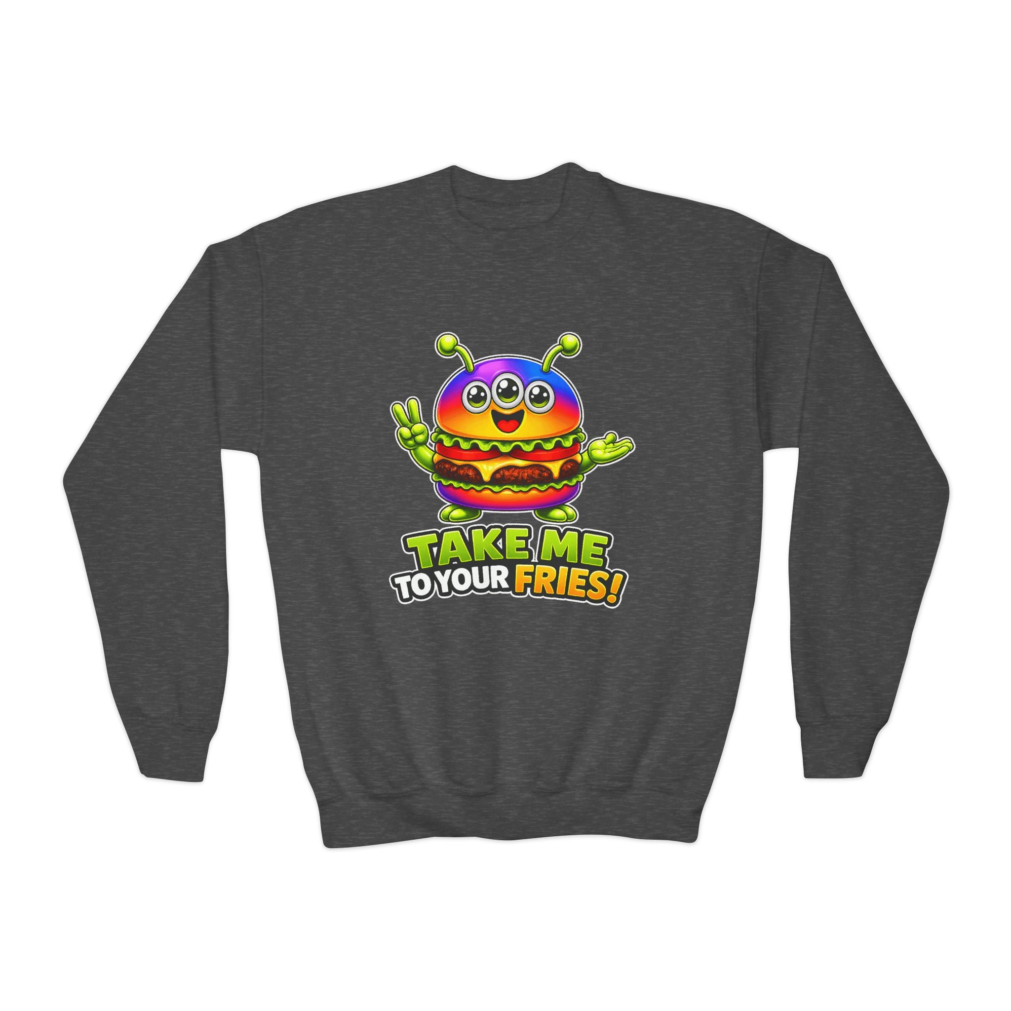 Kidxtr™ Kids Burger Crewneck — 'Take Me to Your Fries' Cartoon Graphic Sweatshirt