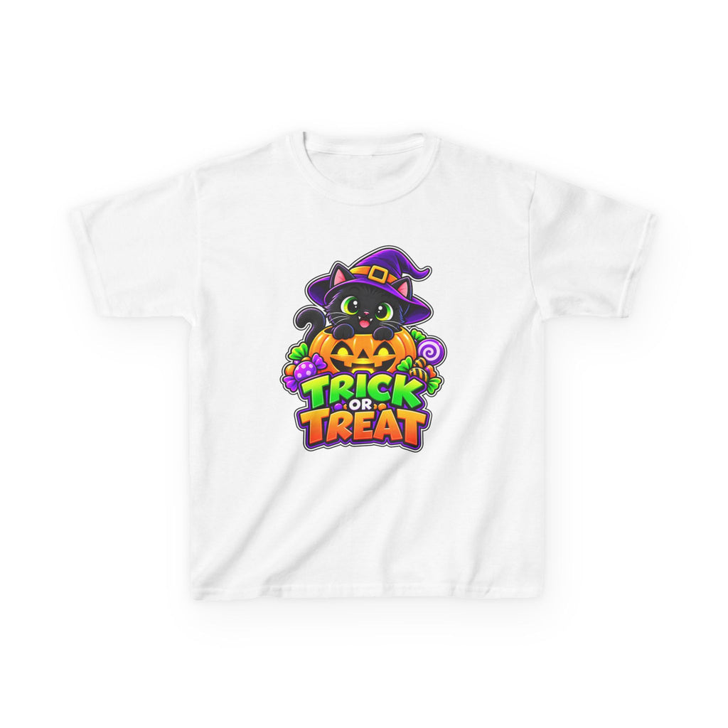 Kidxtr™ Kids Halloween T-Shirt — 'Trick or Treat' Black Cat in Pumpkin Graphic Tee