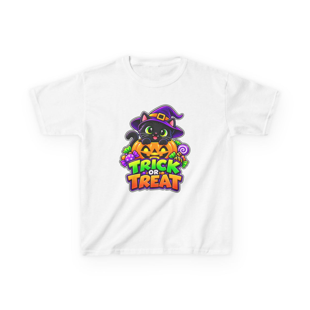 Kidxtr™ Kids Halloween T-Shirt — 'Trick or Treat' Black Cat in Pumpkin Graphic Tee