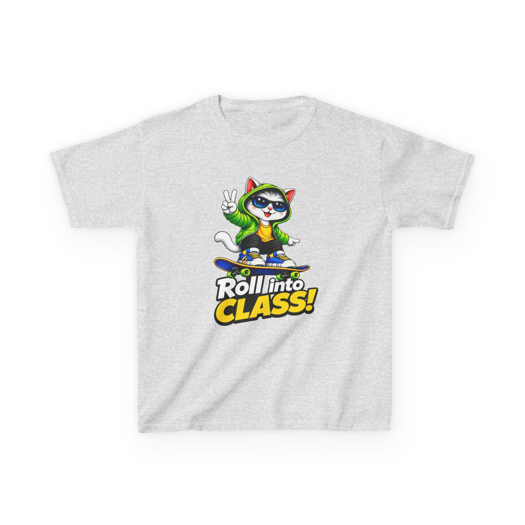Kids Skateboarding Cat T-Shirt — 'Roll into Class!' Back-to-School Graphic Tee