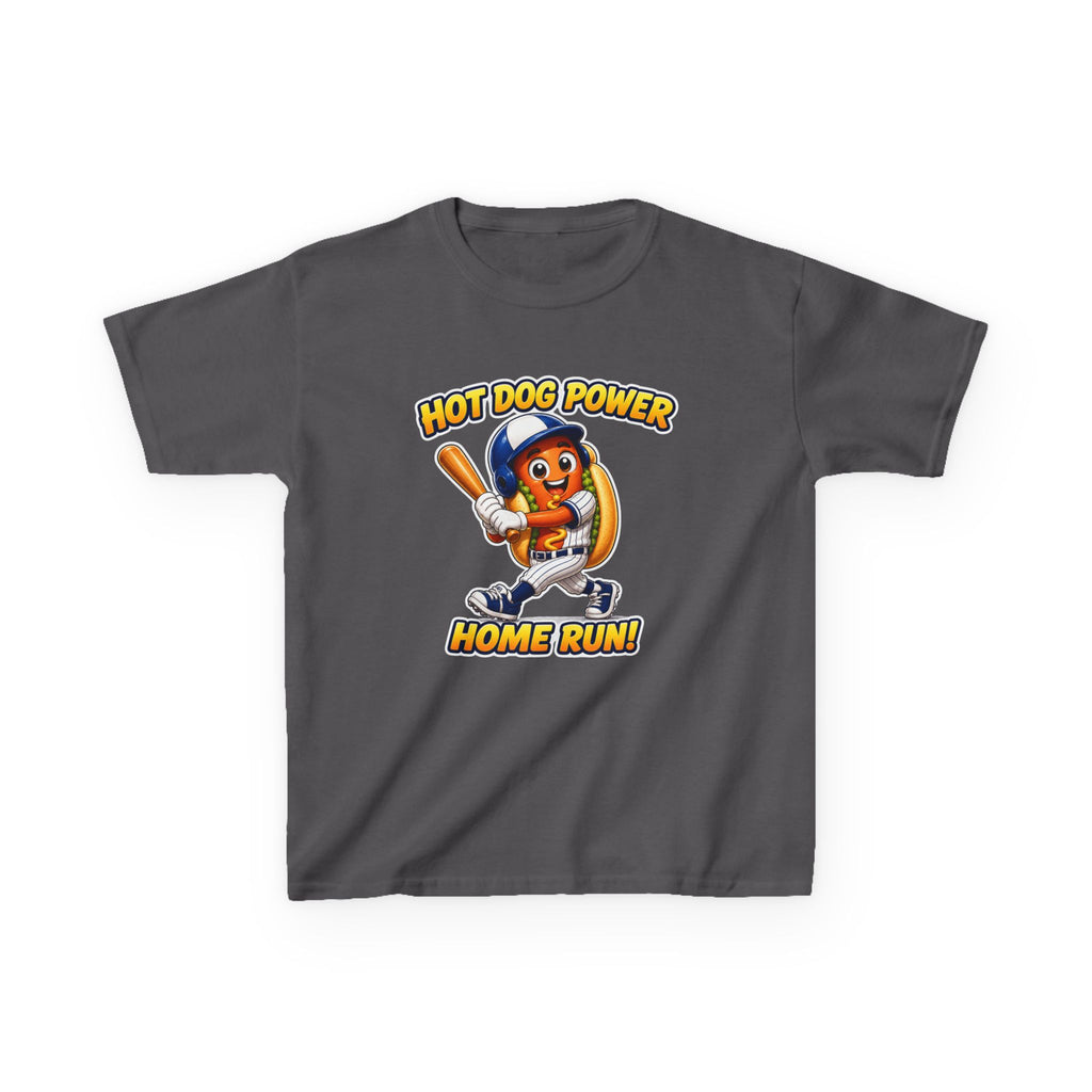 Kids Baseball T-Shirt — 'Hot Dog Power' Home Run Graphic Tee