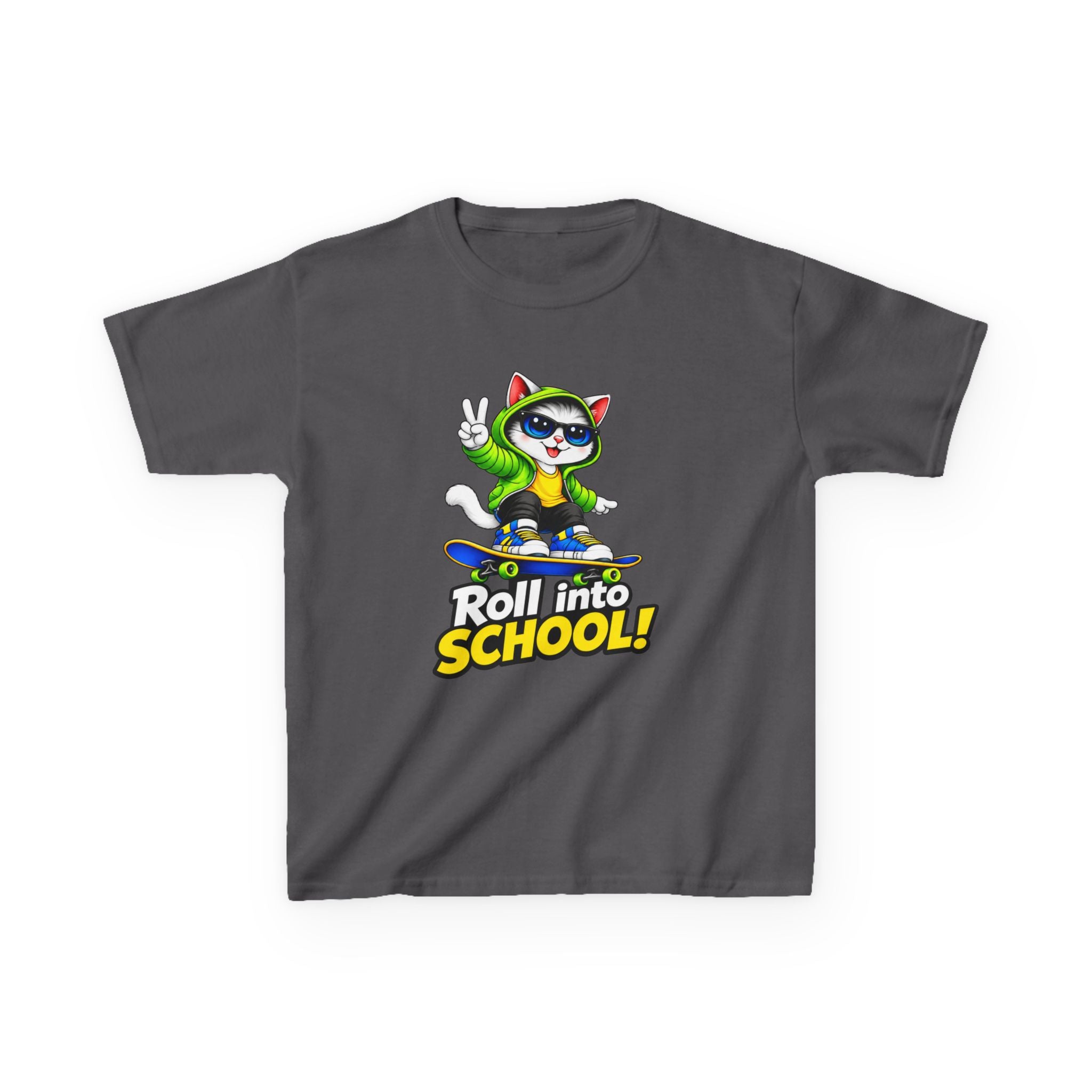 Kids T‑Shirt — 'Roll into School!' Skateboard Cat Back-to-School Tee