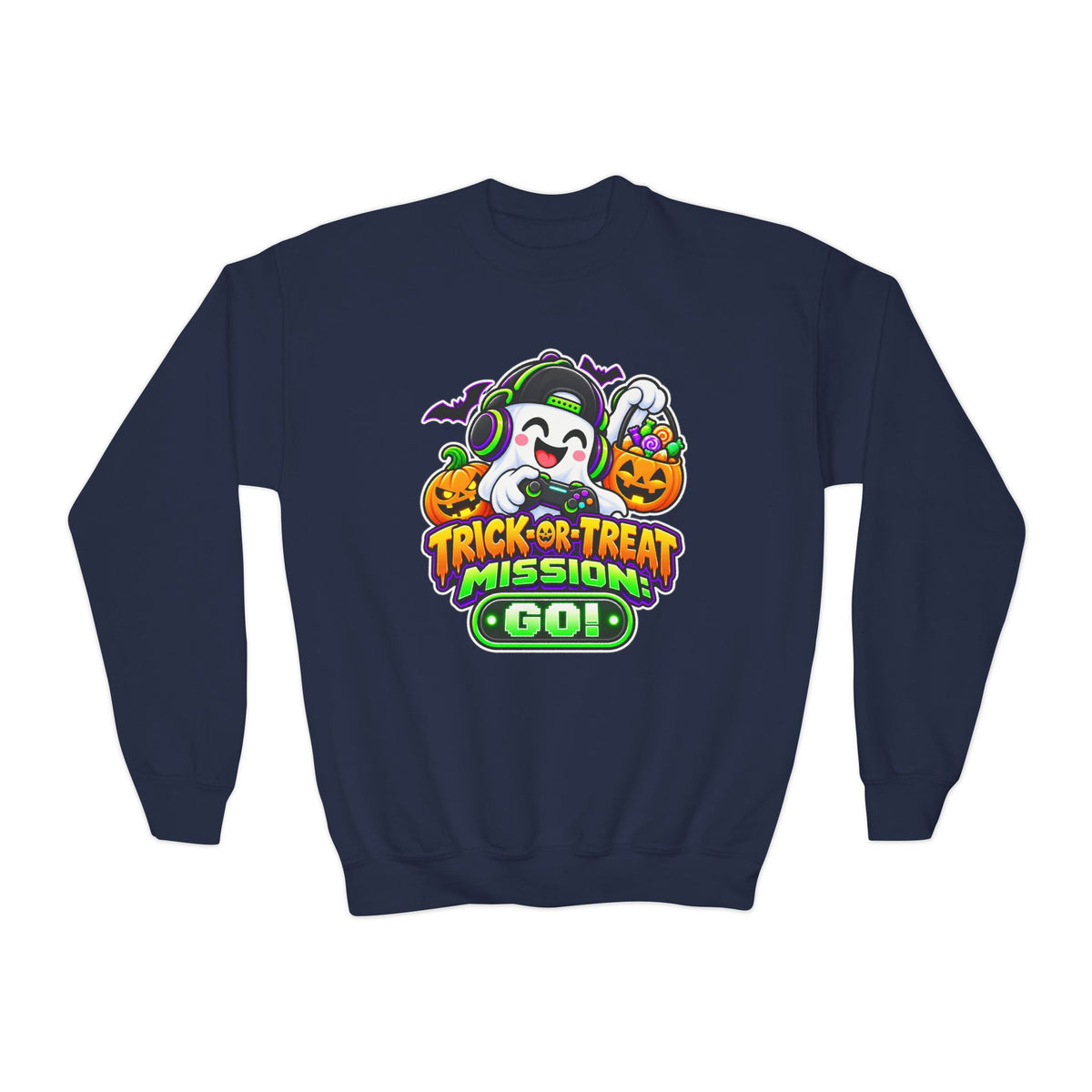 Kidxtr™ Kids Halloween Sweatshirt — 'Trick or Treat Mission' Halloween Graphic Crewneck
