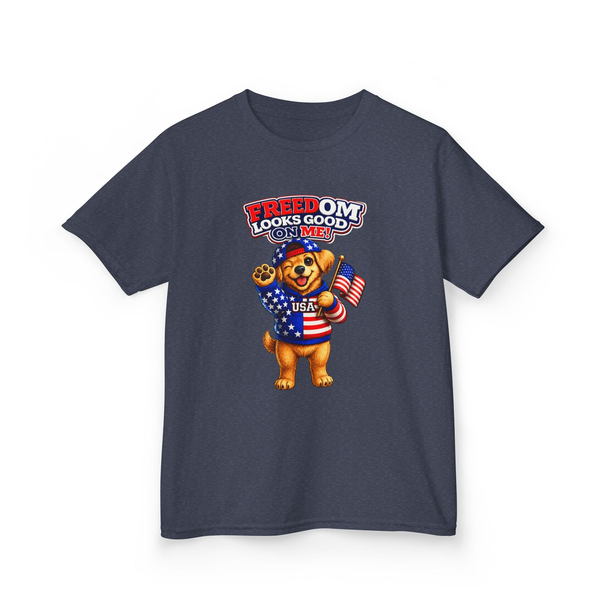 Kids Patriotic T-Shirt — 'Freedom Looks Good on Me' USA Dog Graphic Tee