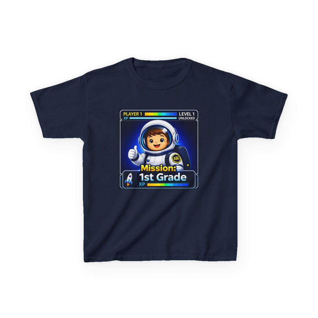 Kids Gaming T-Shirt — 'Mission: 1st Grade' Level Up Astronaut Graphic Tee