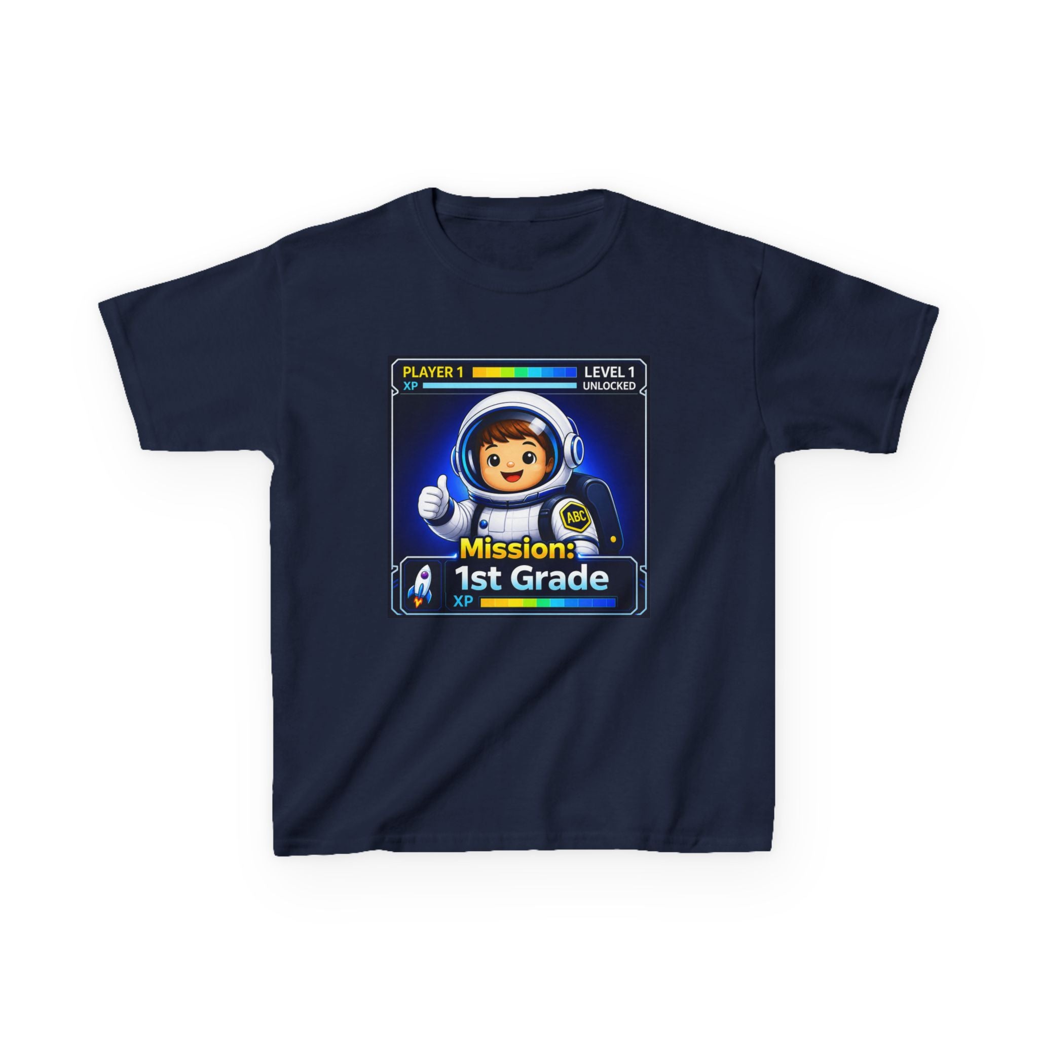 Kids Gaming T-Shirt — 'Mission: 1st Grade' Level Up Astronaut Graphic Tee