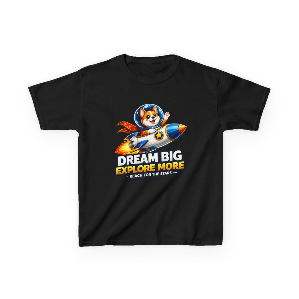 Kids Tee — "Dream Big Explore More" Rocket Dog Space Graphic