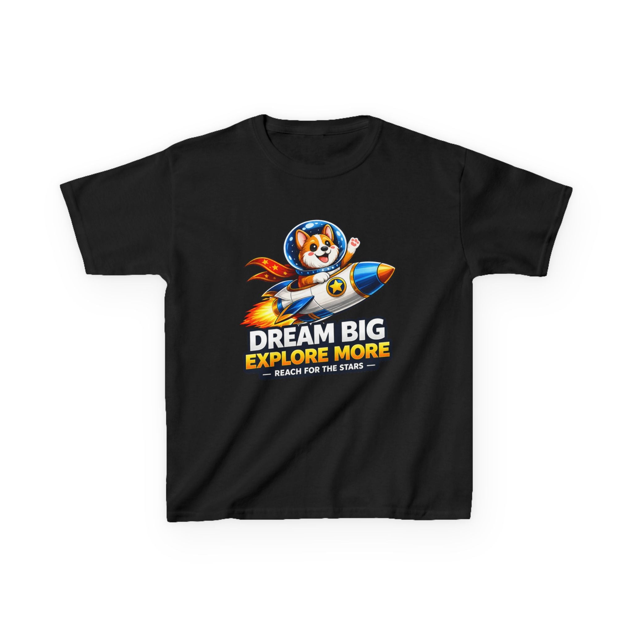 Kids Tee — "Dream Big Explore More" Rocket Dog Space Graphic