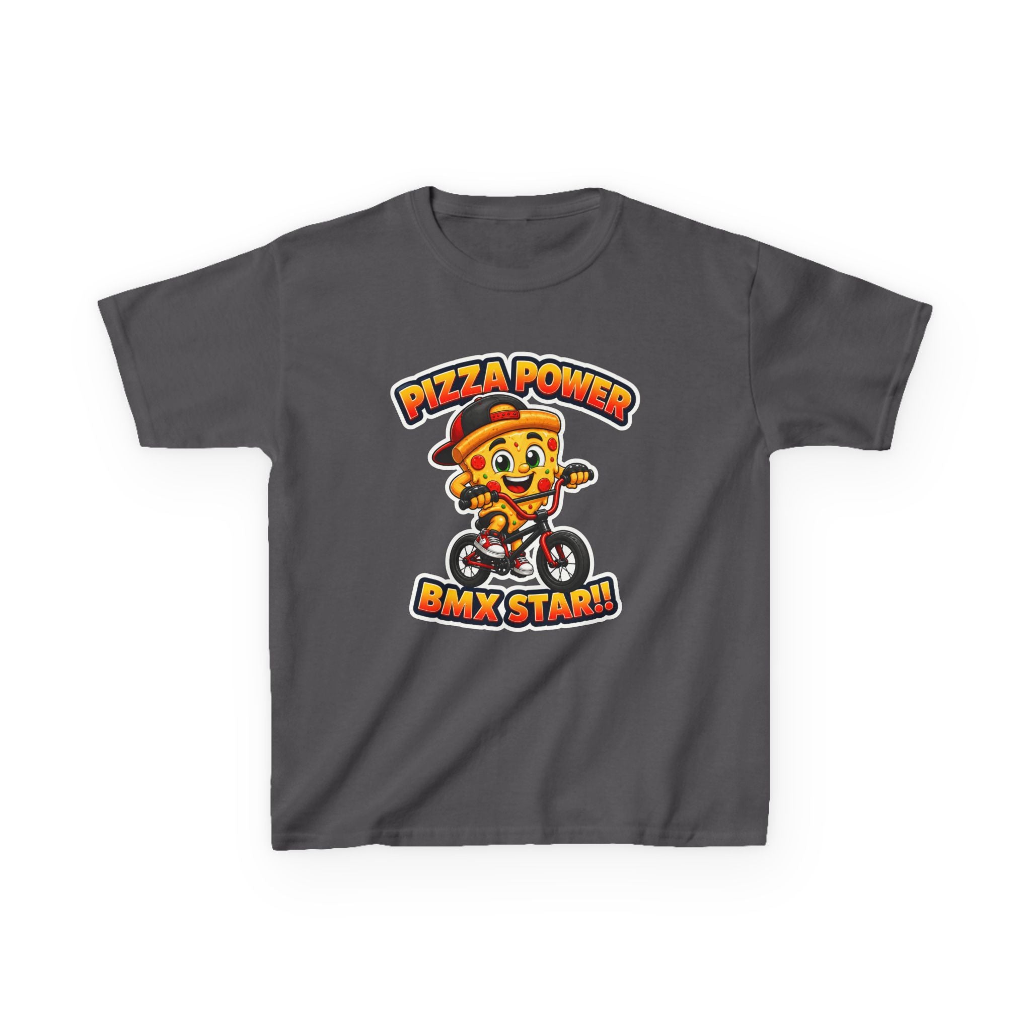 Kids BMX T-Shirt — 'Pizza Power' Cute Pizza Character Riding Bike Graphic Tee