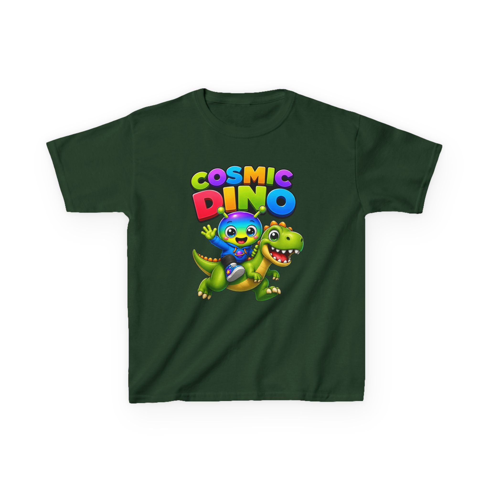 Kids Cosmic Dino T-Shirt — 'Cosmic Dino' Colorful Alien Riding Dinosaur Graphic Tee