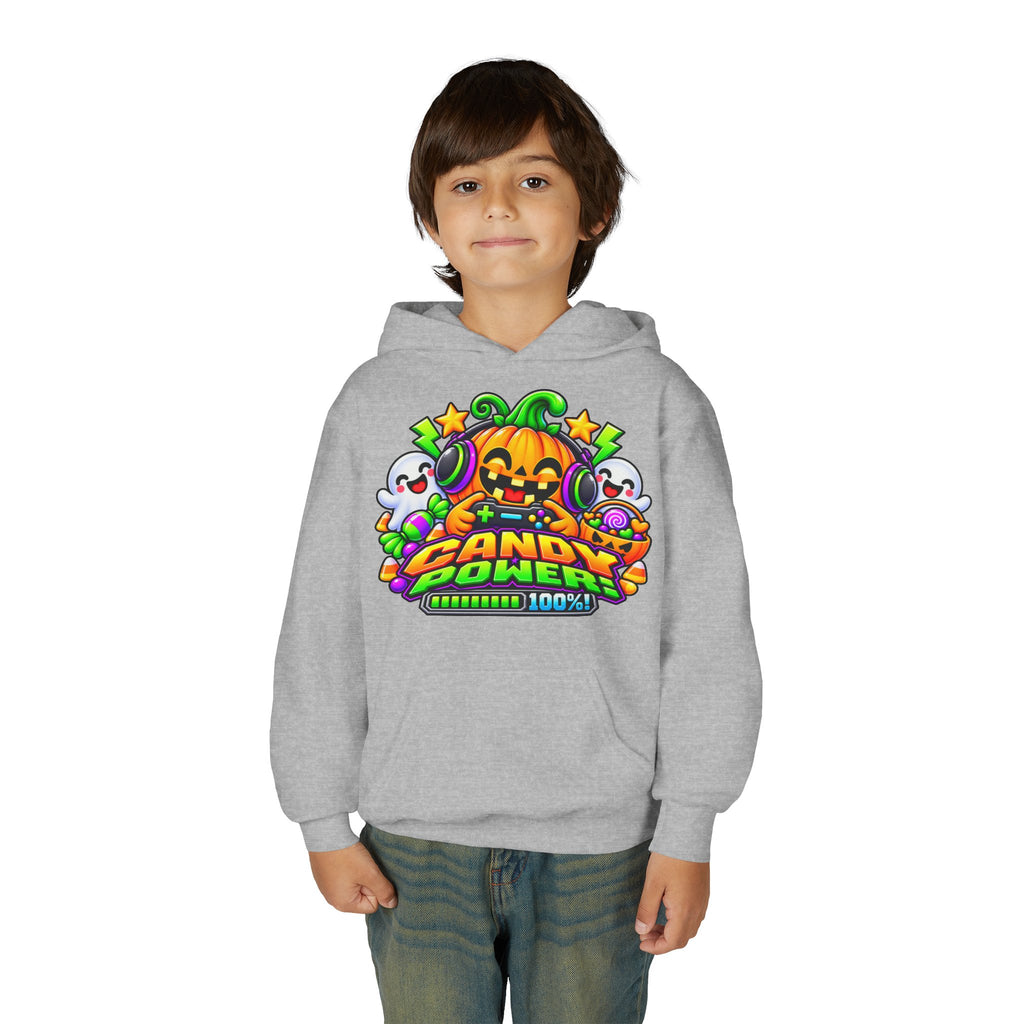 Kidxtr™ Kids Halloween Hoodie — 'Candy Power 100%' Gamer Pumpkin Graphic Hoodie