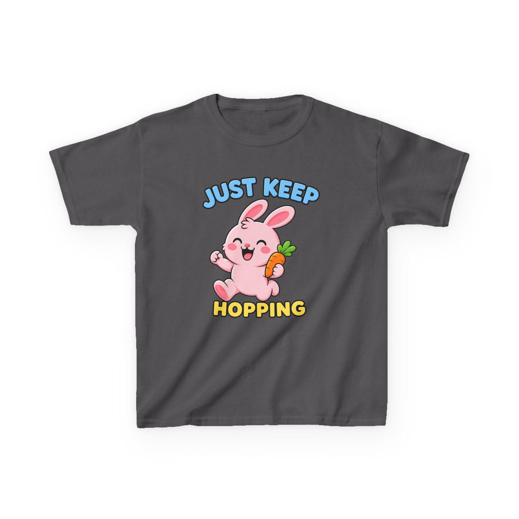 Kids Tee — “Just Keep Hopping” Cute Bunny Carrot Graphic