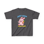 Kids Tee — “Just Keep Hopping” Cute Bunny Carrot Graphic