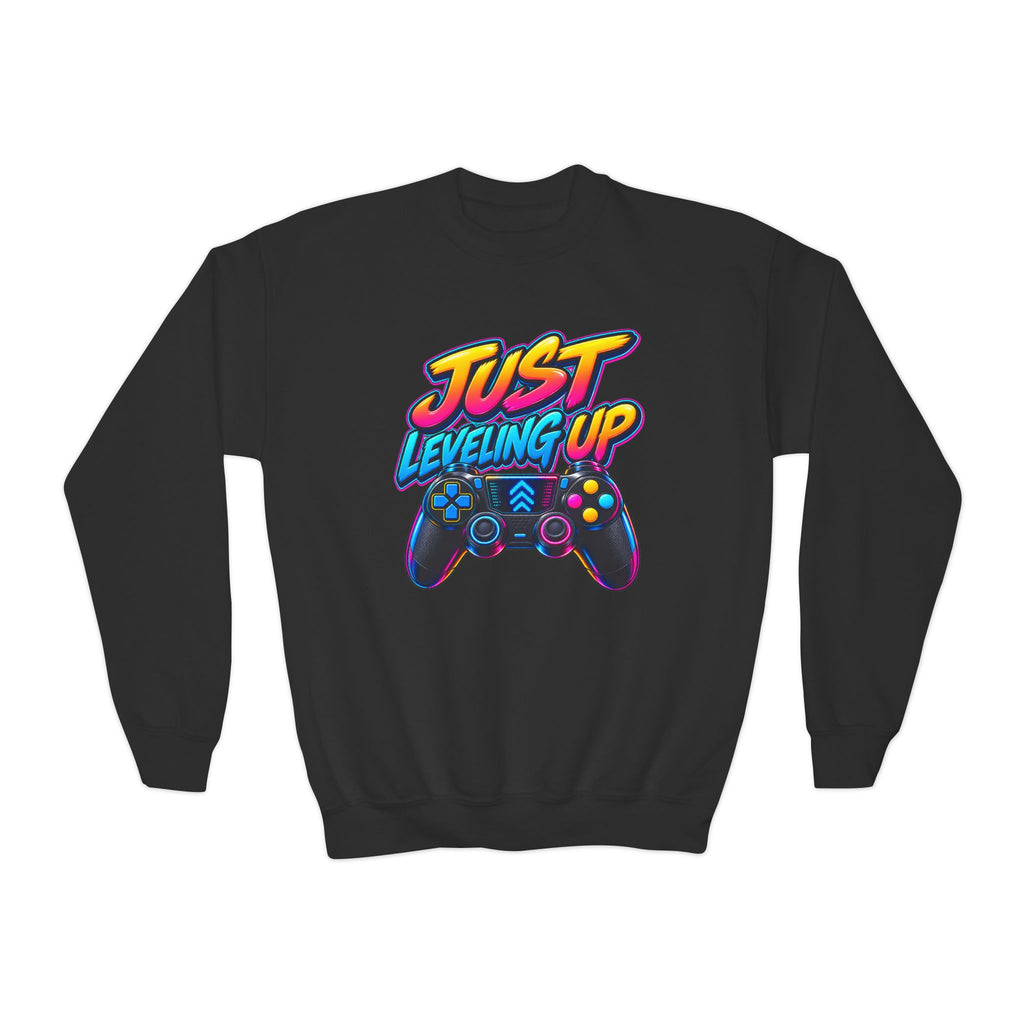 Kidxtr™ Kids Gamer Crewneck — 'Just Level Up' Cartoon Graphic Sweatshirt