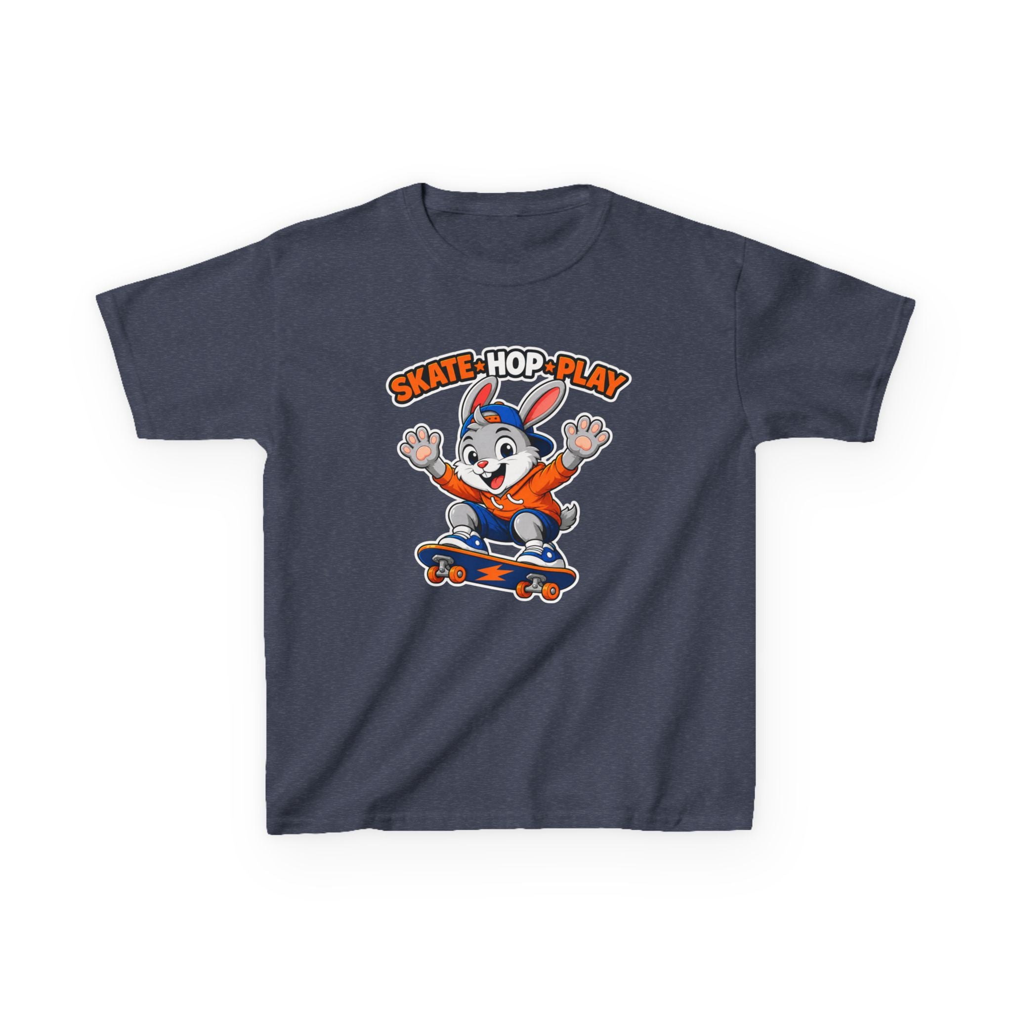 Kids Skate, Hop, Play, T-Shirt — Cute Skateboarding Bunny Tee for Boys & Girls