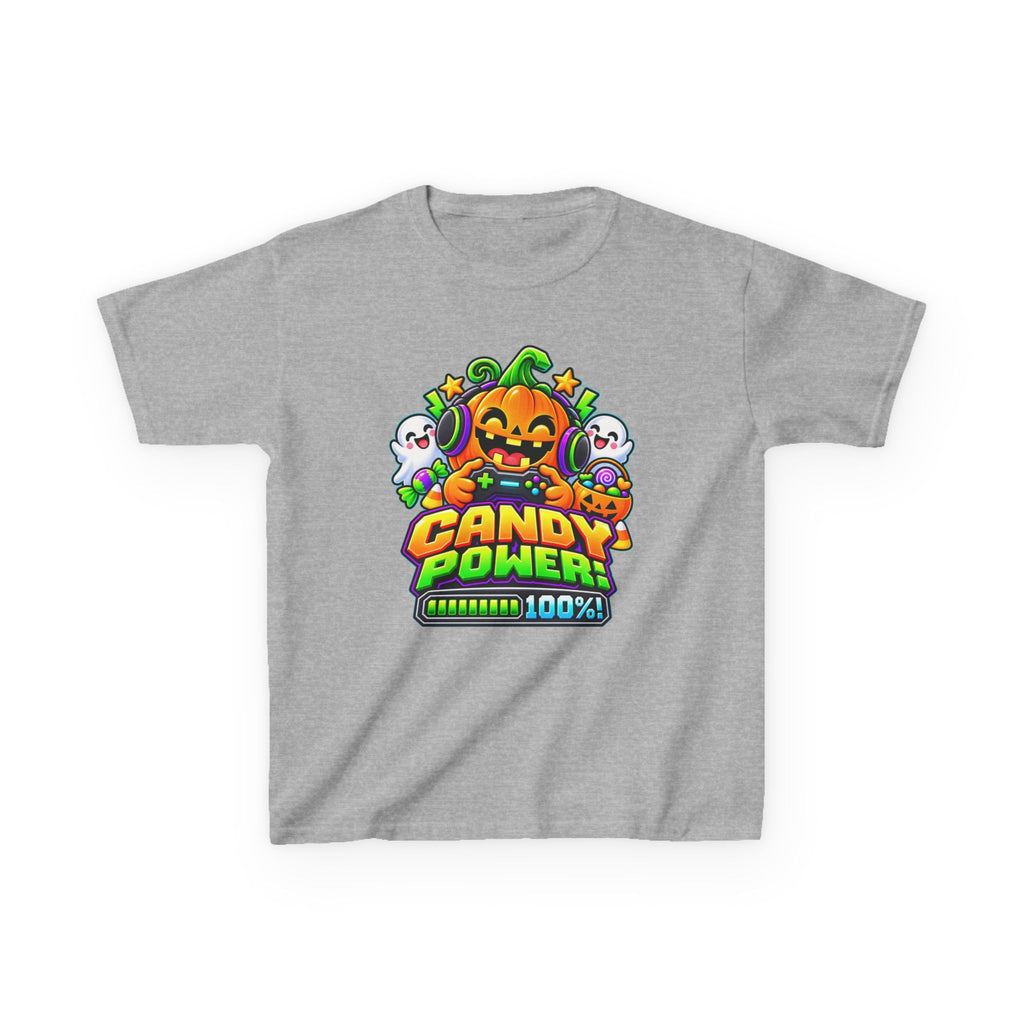 Kidxtr™ Kids Pumpkin T-Shirt — 'Candy Power 100%' Gamer Halloween Graphic Tee