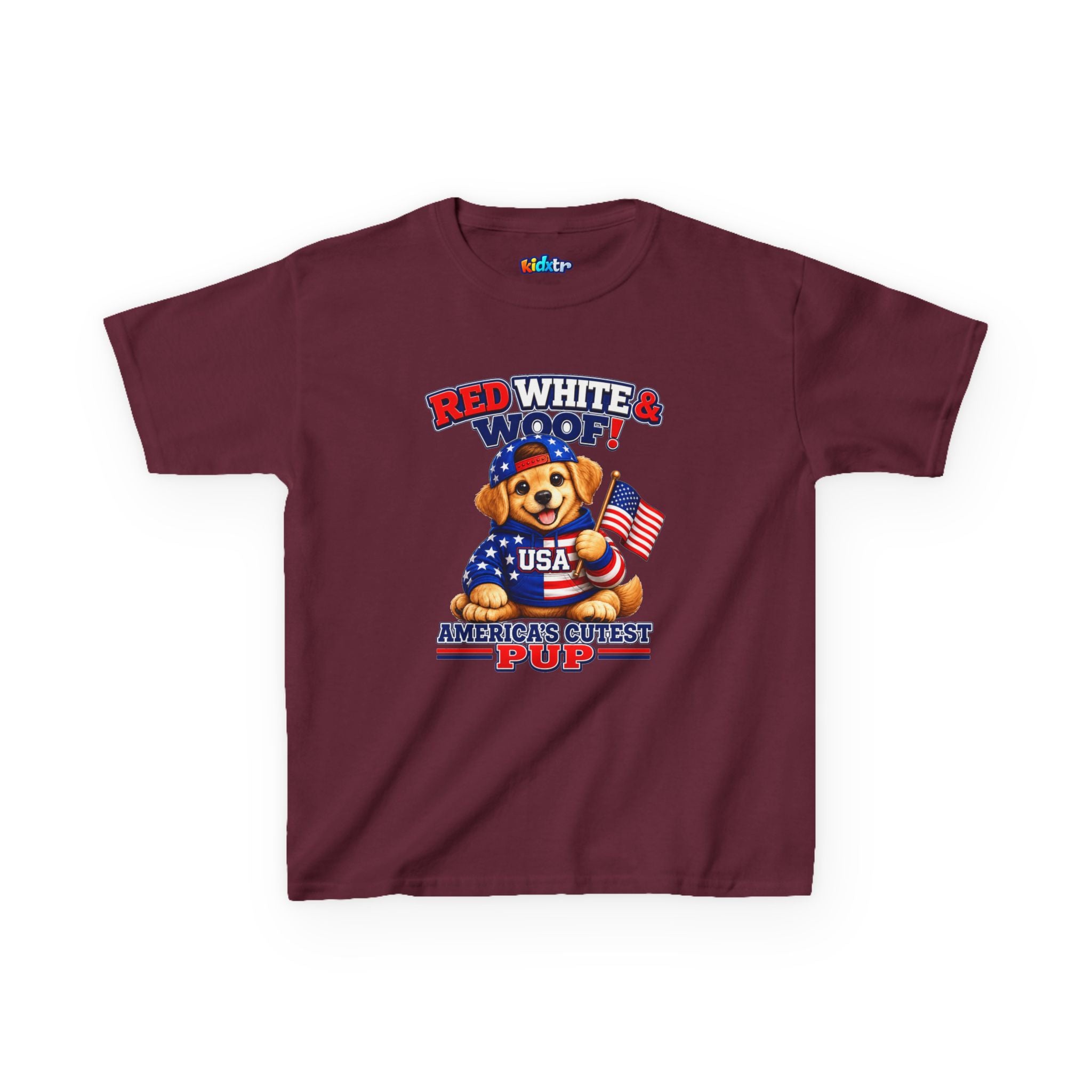 Kidxtr™ Kids Patriotic T-Shirt — 'Red White & Woof!' USA Dog Graphic Tee