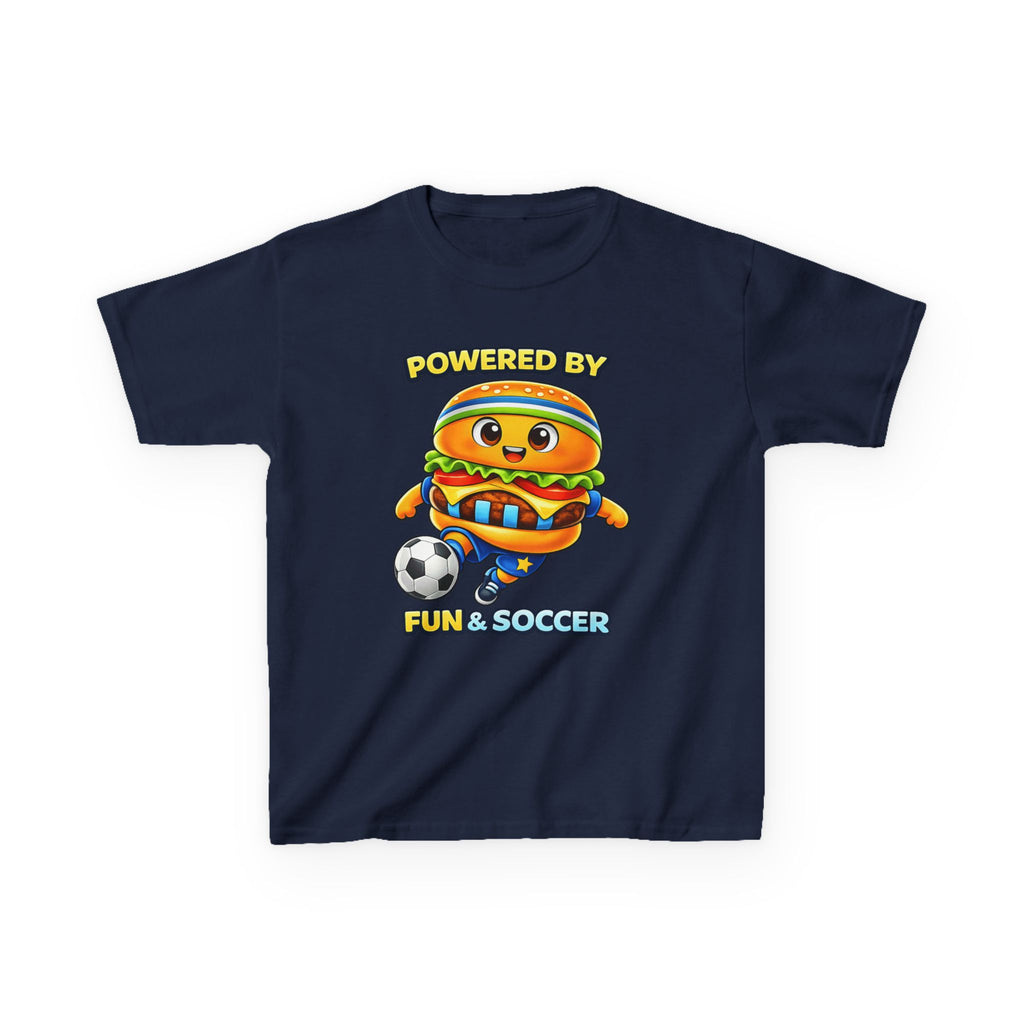 Kids Soccer T-Shirt — 'Powered by Fun & Soccer' Burger Graphic Tee