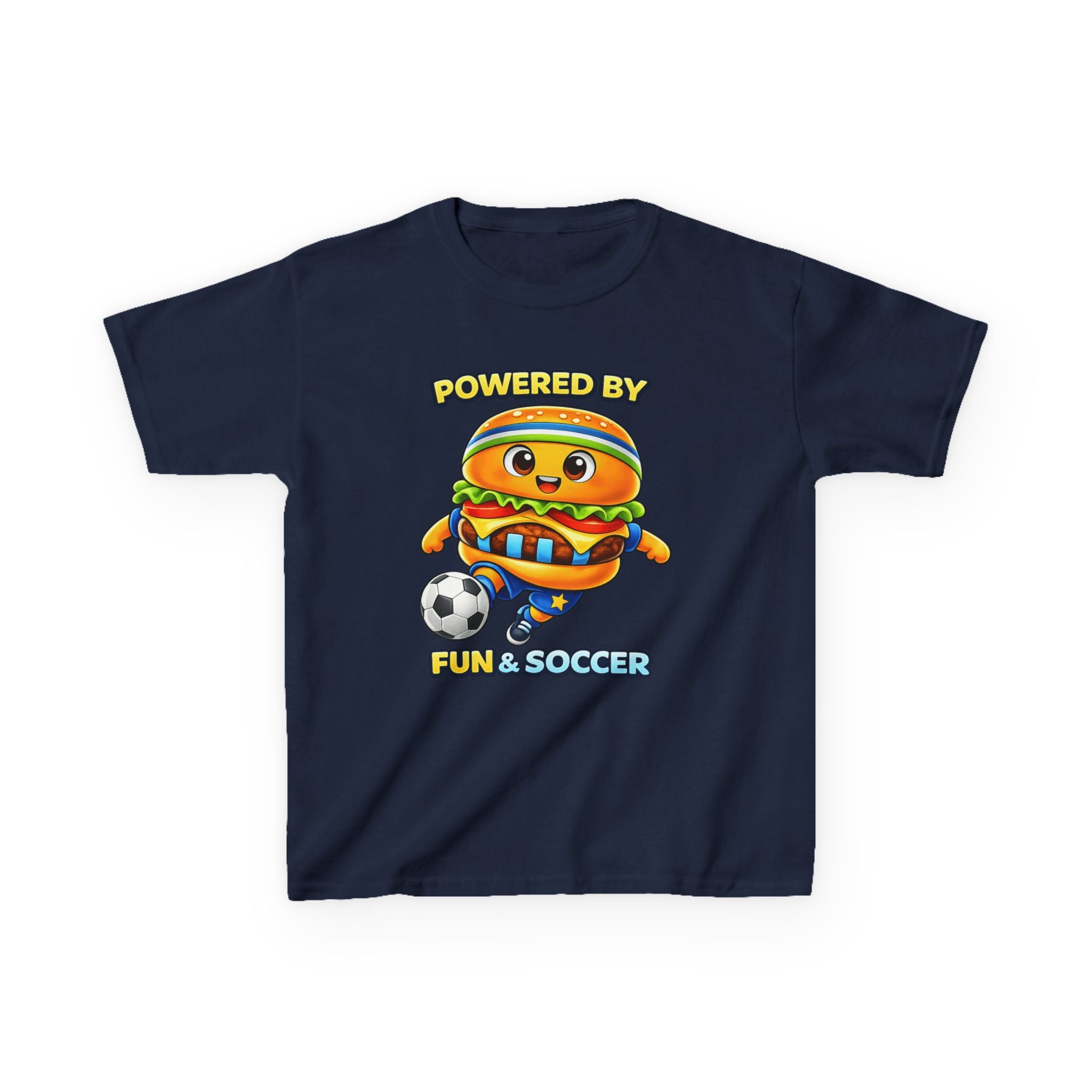 Kids Soccer T-Shirt — 'Powered by Fun & Soccer' Burger Graphic Tee