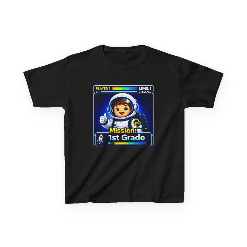 Kids Gaming T-Shirt — 'Mission: 1st Grade' Level Up Astronaut Graphic Tee