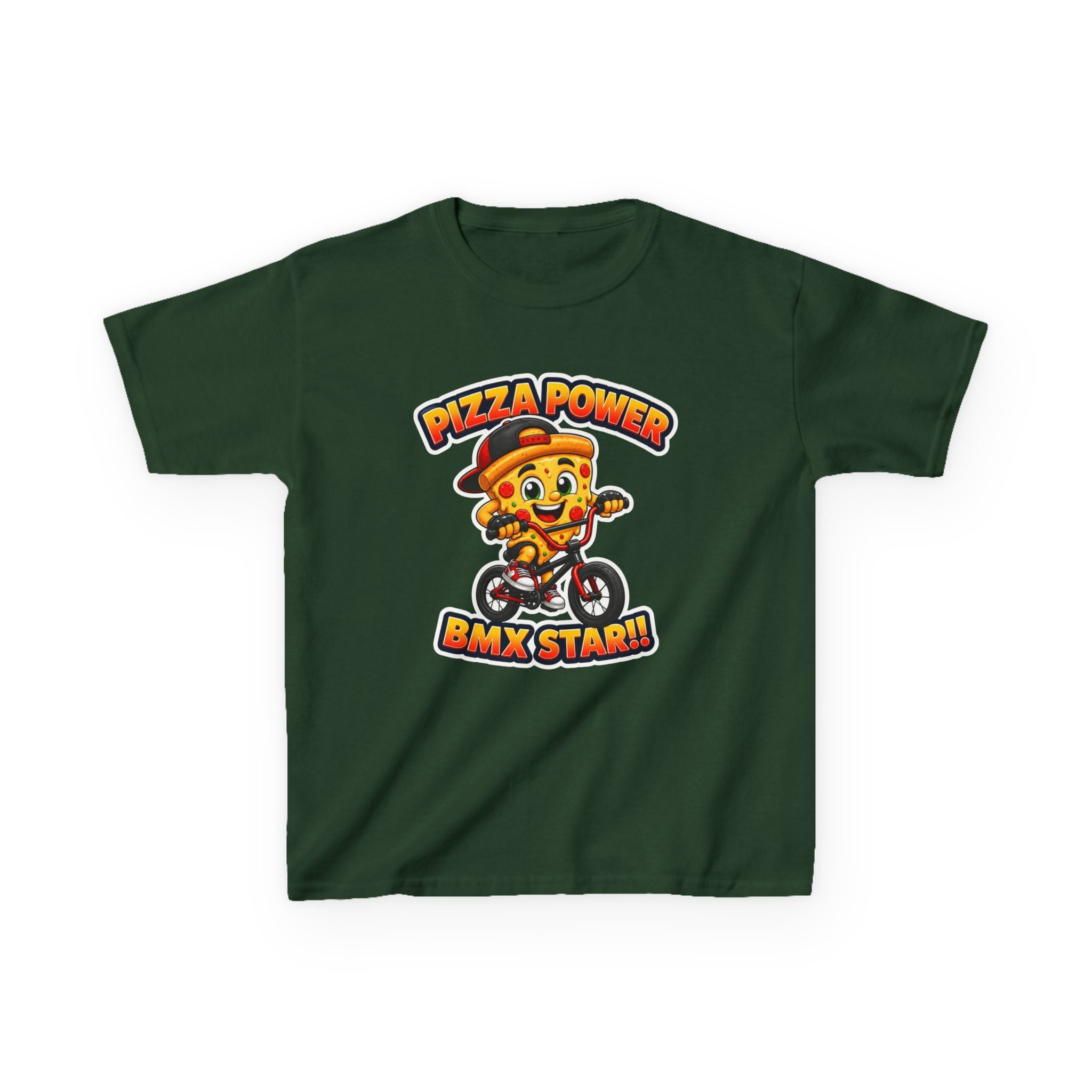 Kids BMX T-Shirt — 'Pizza Power' Cute Pizza Character Riding Bike Graphic Tee
