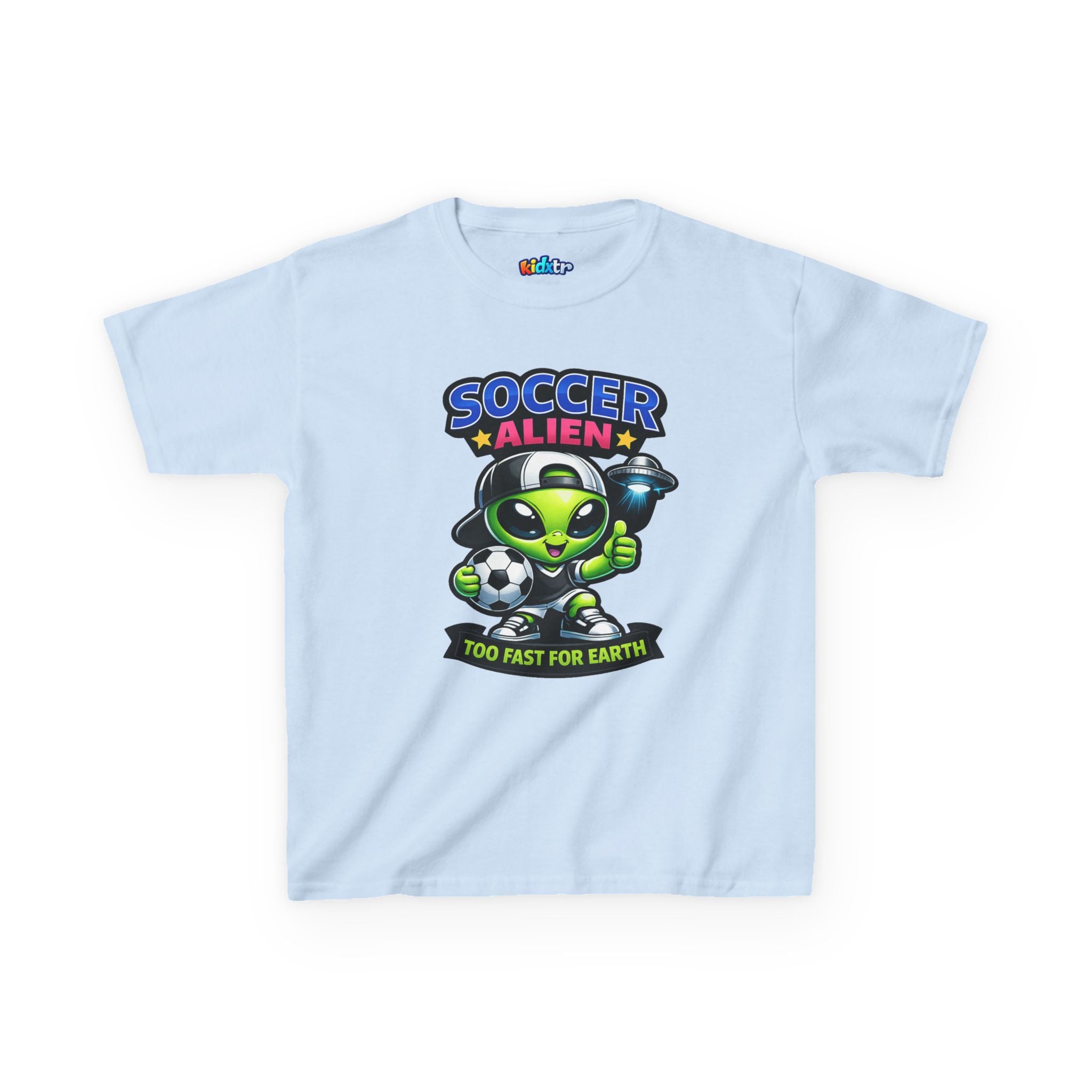 Kidxtr™ Kids Soccer T-Shirt — 'Too Fast for Earth' Soccer Alien Graphic Tee
