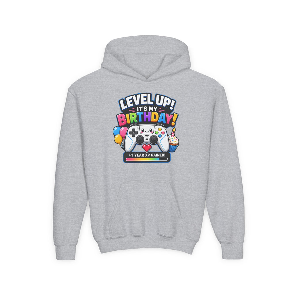 Kidxtr™ Kids Birthday Hoodie — 'Level Up, It’s My Birthday' Cartoon Graphic Sweatshirt