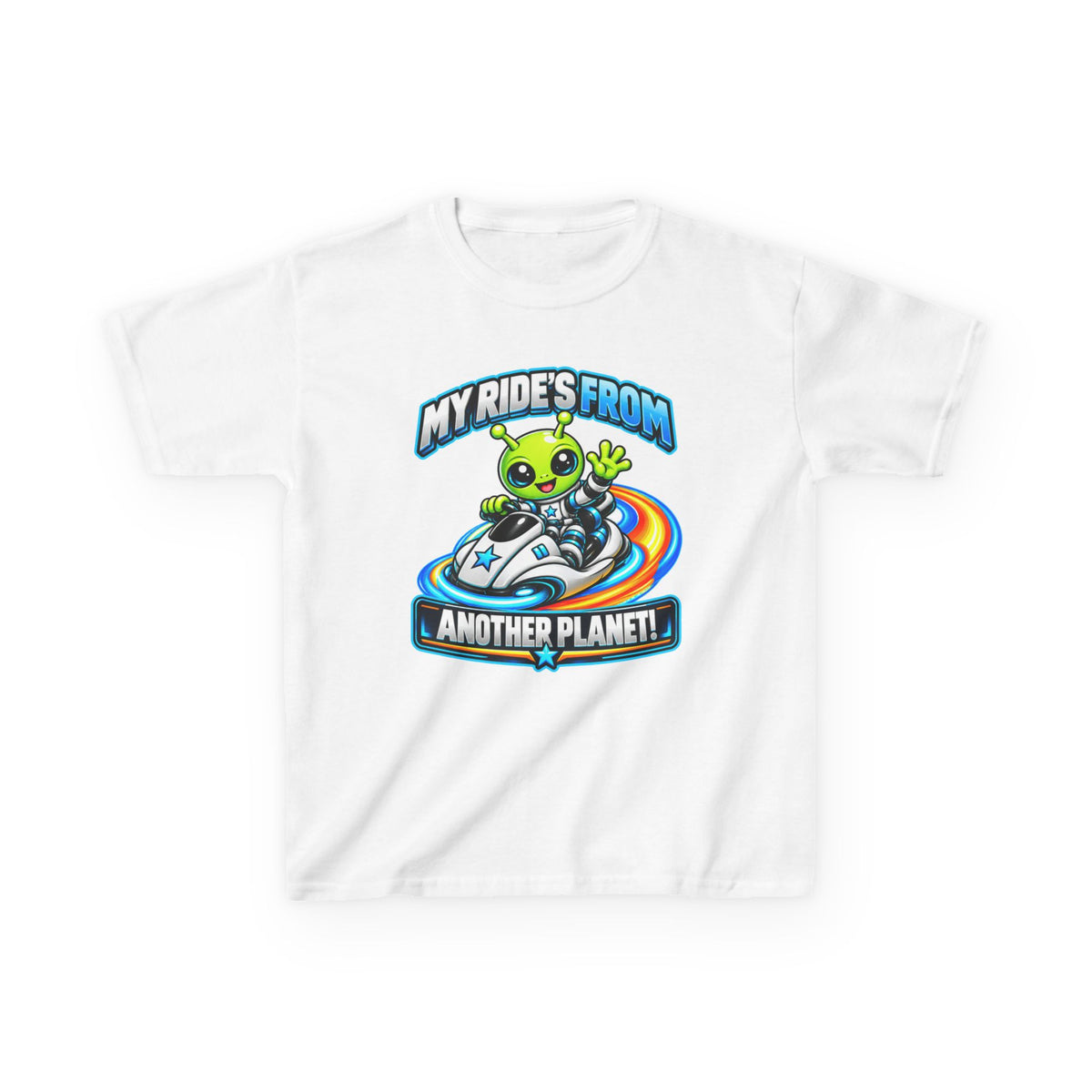 Kidxtr™ Kids Alien T-Shirt — 'My Ride's From Another Planet' Space Rider Graphic Tee