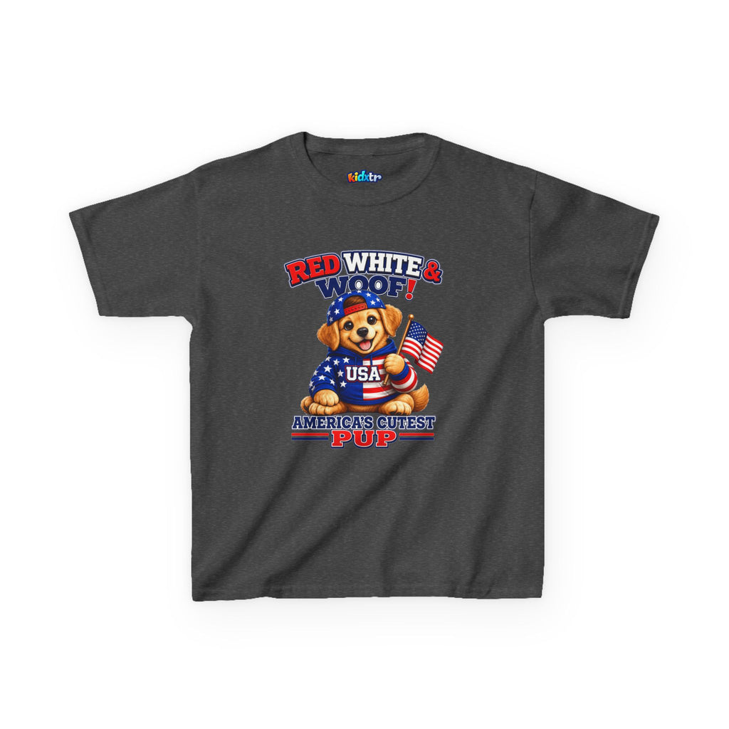 Kidxtr™ Kids Patriotic T-Shirt — 'Red White & Woof!' USA Dog Graphic Tee