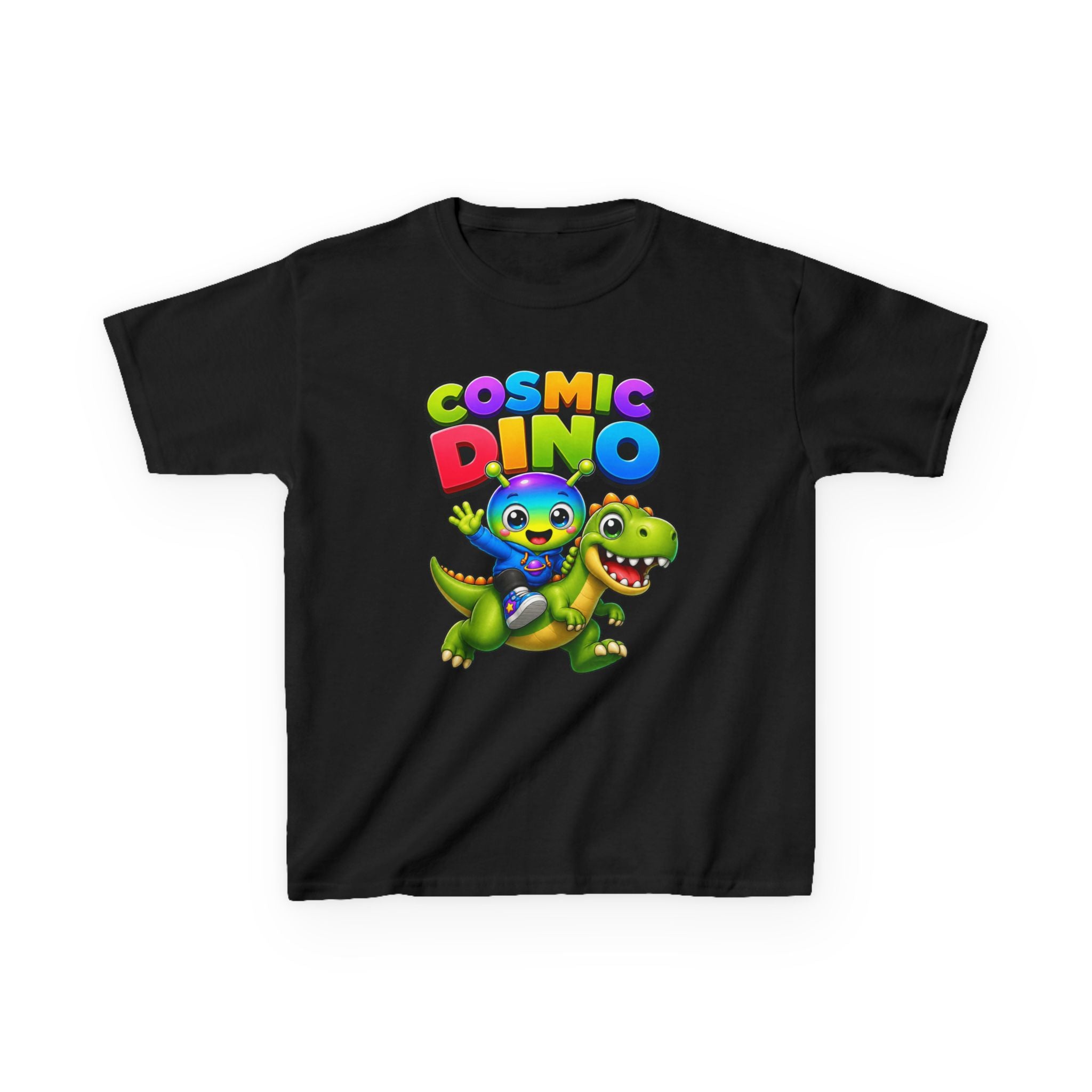 Kids Cosmic Dino T-Shirt — 'Cosmic Dino' Colorful Alien Riding Dinosaur Graphic Tee