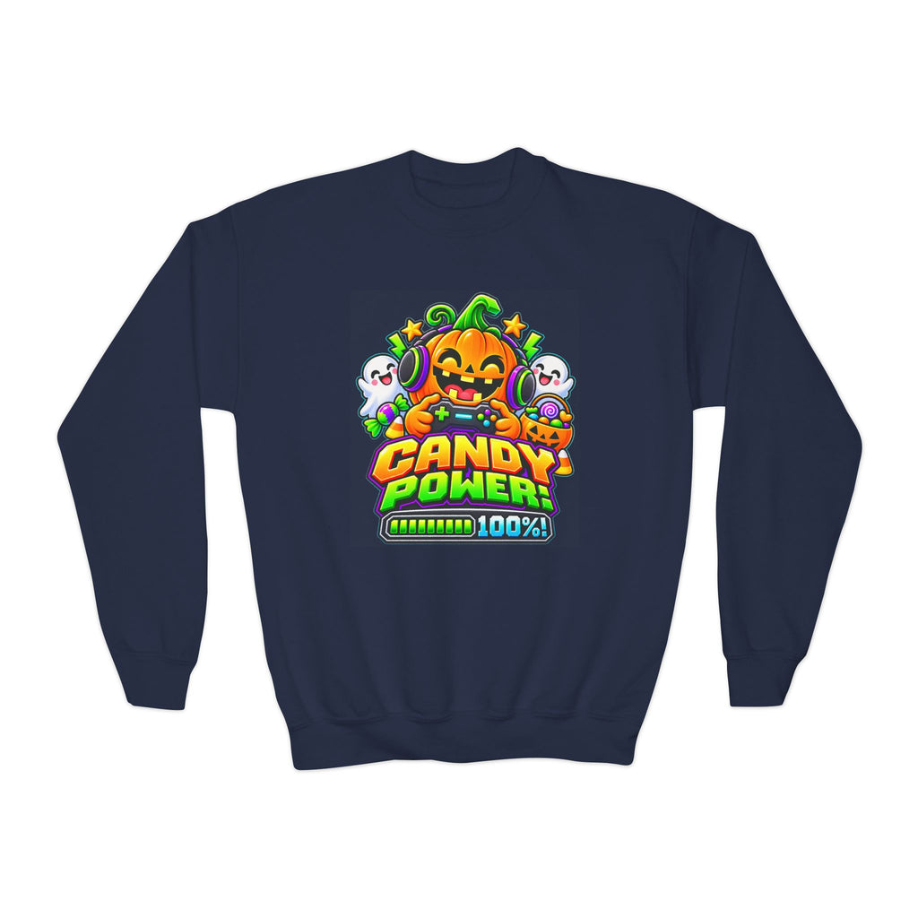 Kidxtr™ Kids Pumpkin Sweatshirt — 'Candy Power 100%' Gamer Halloween Graphic Crewneck